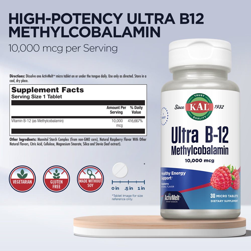 KAL Ultra B-12 Methylcobalamin 10000 Mcg Activmelt | Natural Raspberry Flavor | Healthy Metabolism, Nerves & Red Blood Cell Support | 30 Micro Tablets