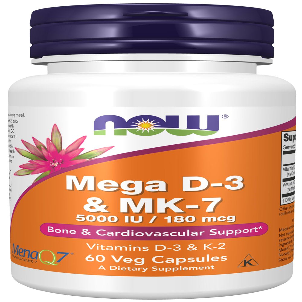 NOW Supplements, Mega D-3 & MK-7 with Vitamins D-3 & K-2, 5,000 IU/180 Mcg, Bone & Cardiovascular Support, 60 Veg Capsules