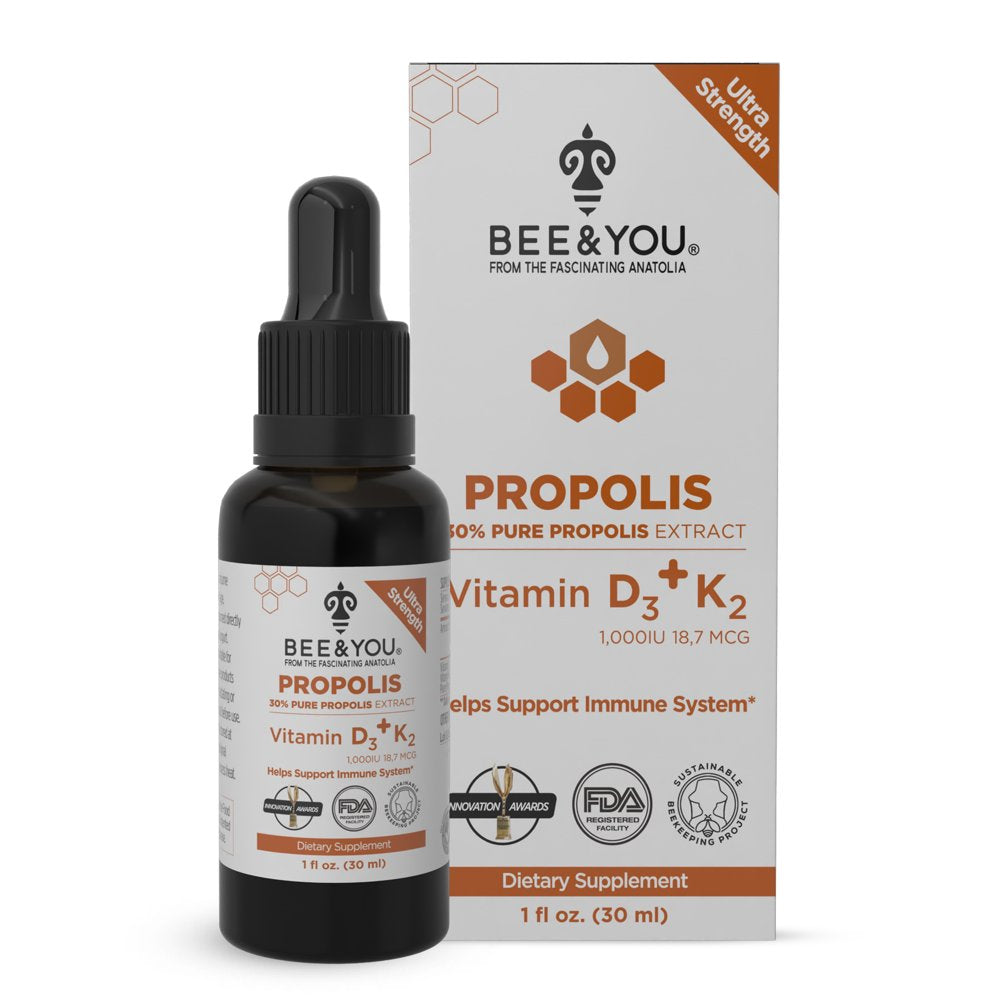 BEE and You Propolis 30% Pure Liquid Extract with Vitamins D3+K2 - Ultra Potency - Supports Immune System - Sore Throat Relief Antioxidants, Keto, Paleo, Gluten-Free, 1 Fl Oz…