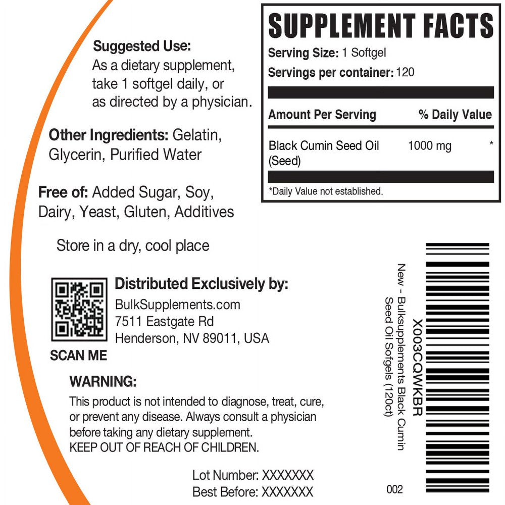 Bulksupplements.Com Black Cumin Seed Oil Softgels, 1000Mg - Supports Hair & Skin (120 Softgels - 120 Servings)