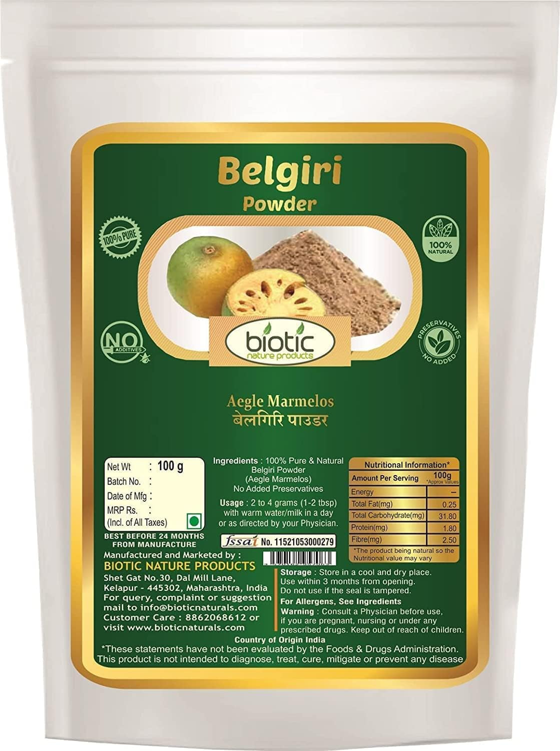 BETT Biotic Natural Belgiri Powder - Aegle Marmelos - Bealgiri Powder - Bael Phal Dry Powder - Bel Powder - Wood Apple - 100 Gm