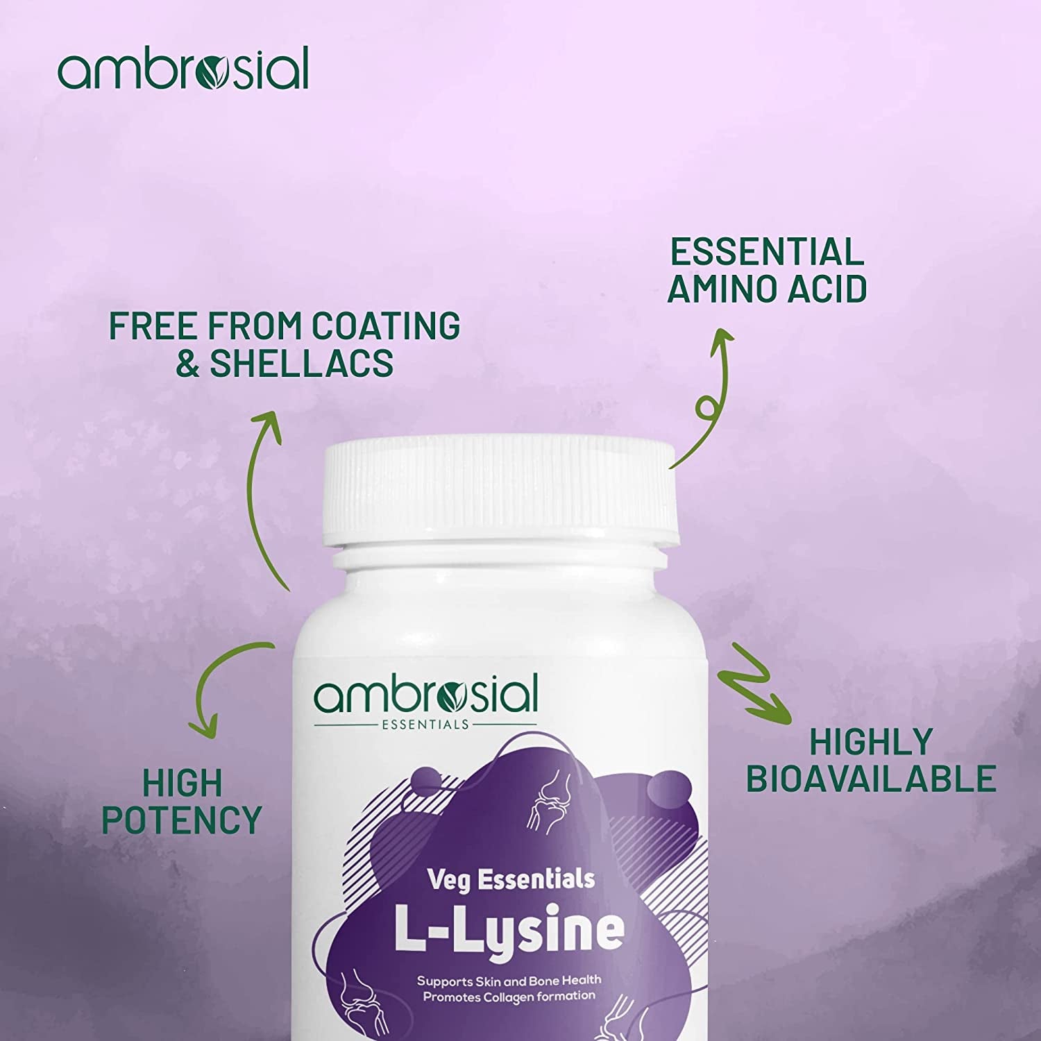 AMBROSIAL L-Lysine High Strength 500Mg per Capsule | Immune Support & Supports Collagen Synthesis | Essential Amino Acids for Active Lifestyle (Pack of 1-60 Capsules)