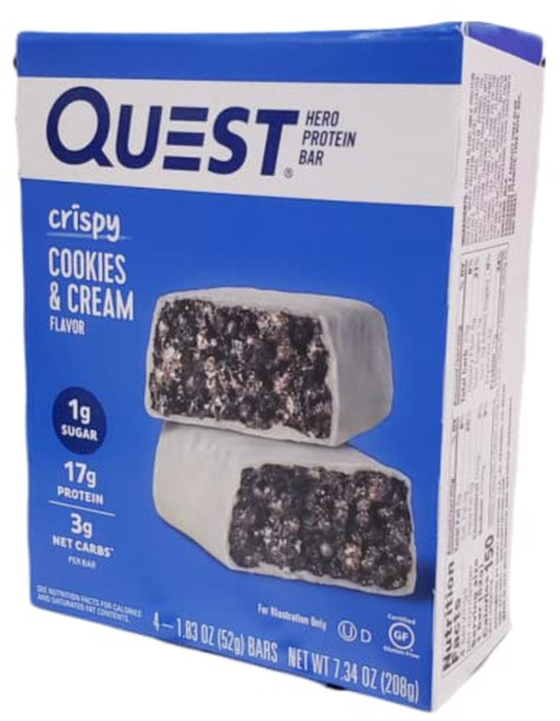 3 Set- 1) Pack of 4Bars- 1.83Oz(52G) Each. NET WT 7.34Oz(208G) Quest Hero Protein Bar - Crispy Cookies & Cream Flavor