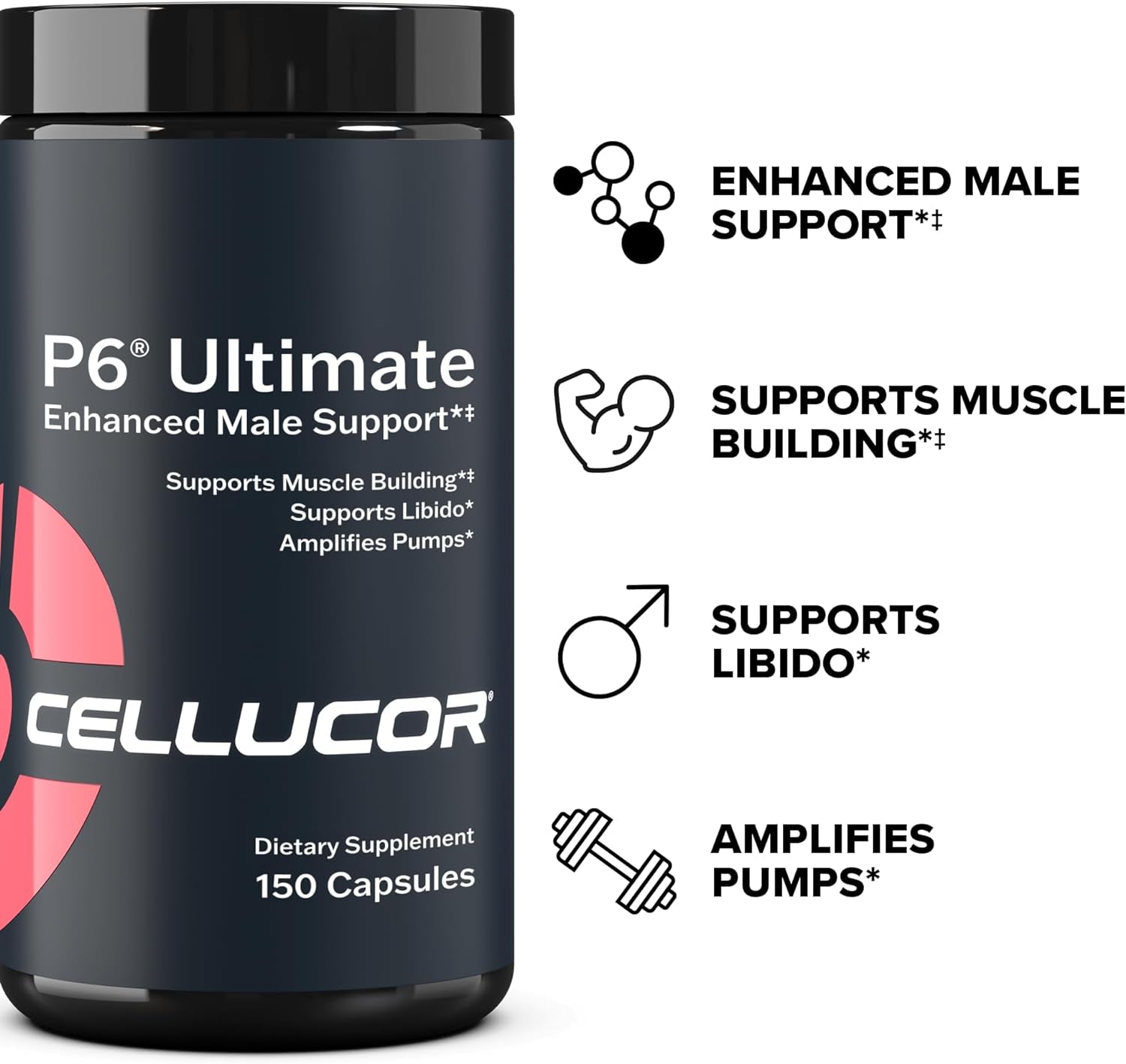 Cellucor P6 Ultimate - Enhanced Support for Men | Supports Muscle Growth & Strength | Natural Support Supplement with Peakatp, Peptistrong, LJ100, Elevatp, DIM, & Senactiv - 150 Capsules