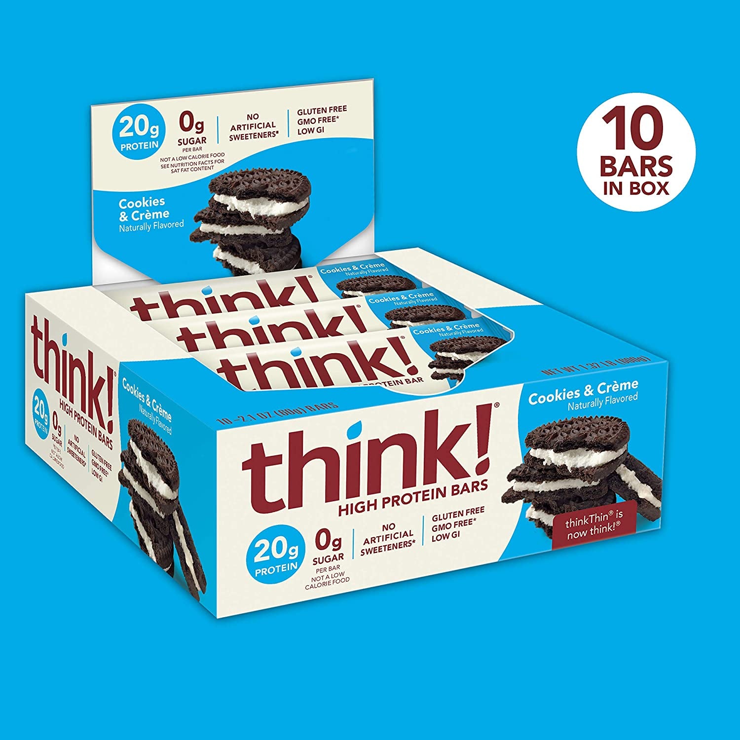 Think! Protein Bars, High Protein Snacks, Gluten Free, Sugar Free Energy Bar with Whey Protein Isolate, Cookies and Crème, Nutrition Bars without Artificial Sweeteners, 2.1 Oz (10 Count) (Pack of 5)