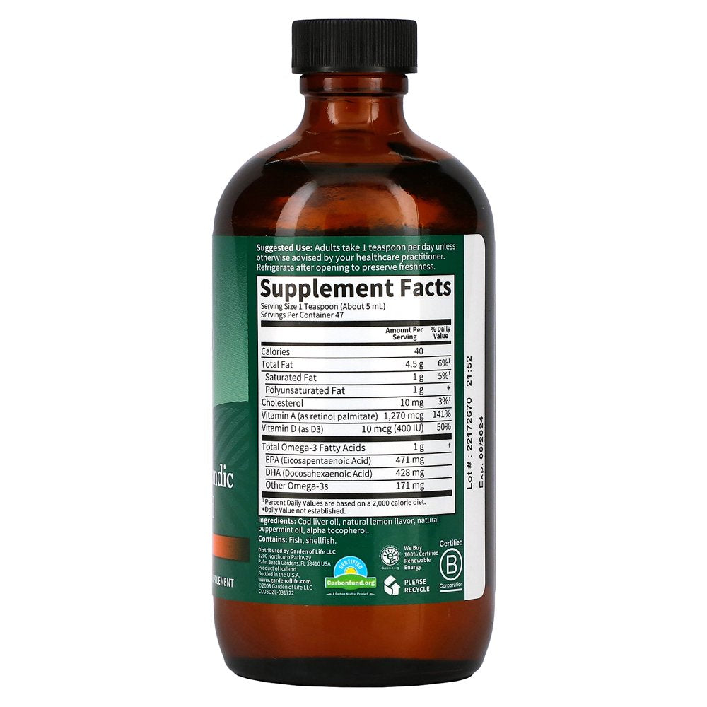 Garden of Life Cod Liver Oil Liquid, Lemon-Mint, 8 Oz