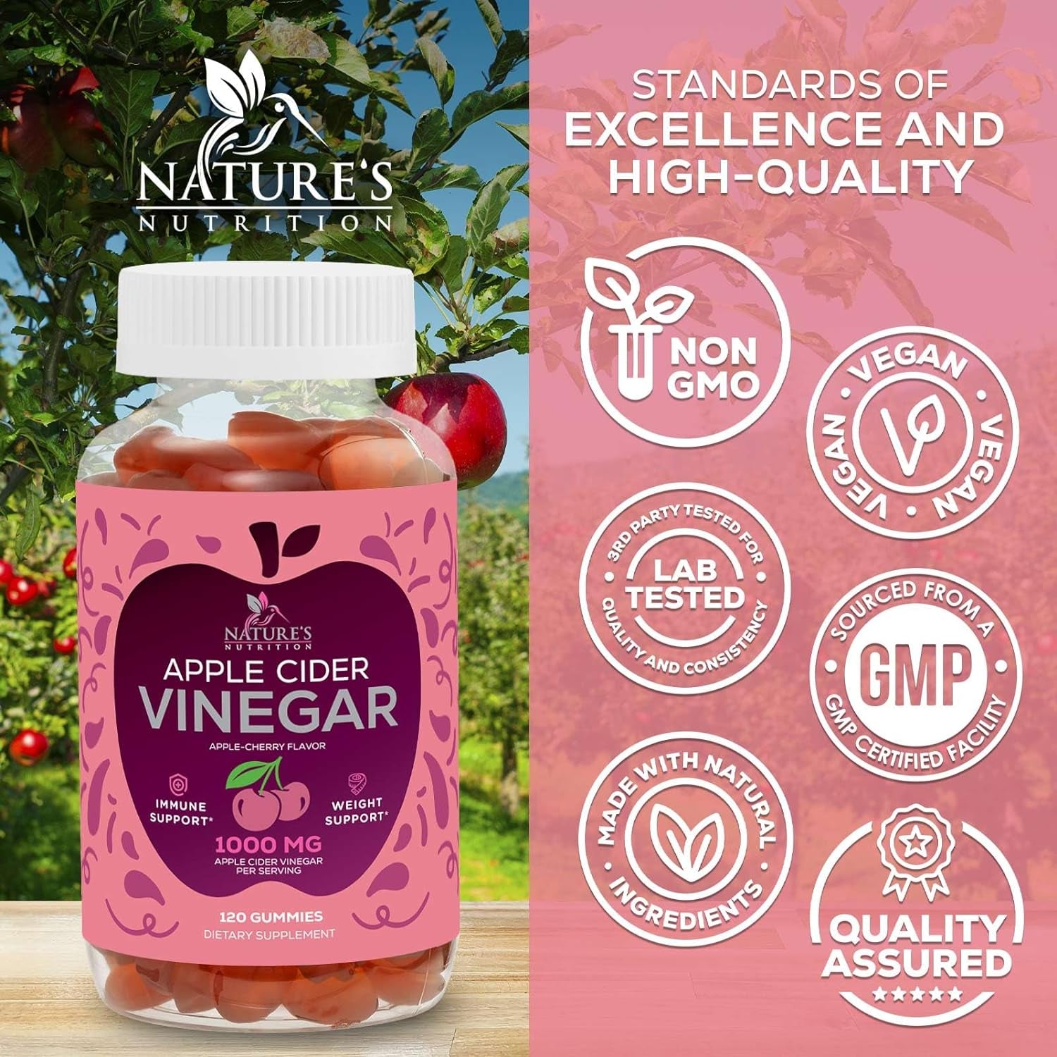 Vegan Apple Cider Vinegar Gummies | Max Strength 1000Mg | Gelatin-Free, Vegan, Non-Gmo, Made with Beet Root & Vitamin B12 for Energy - Supports Digestion, Detox and Cleanse Support - 120 Gummies