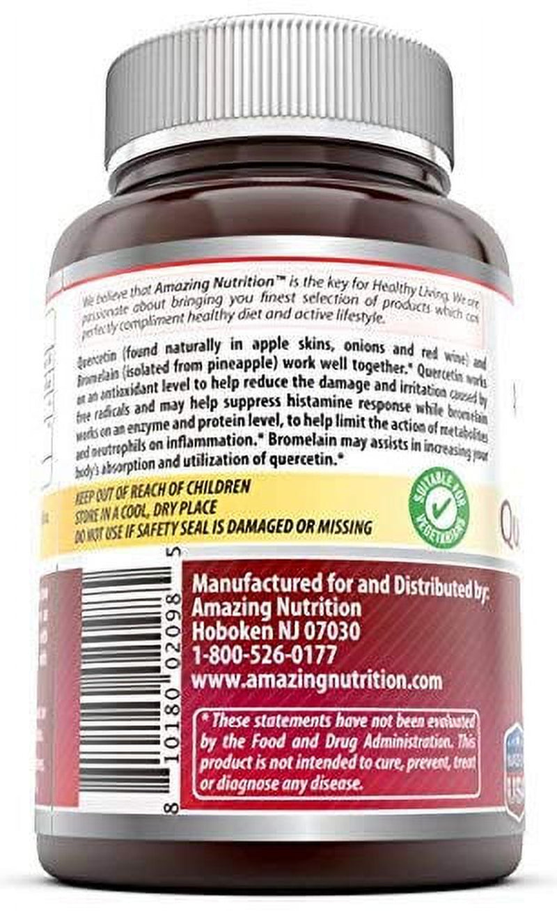 Amazing Nutrition- Quercetin 800 Mg with Bromelain 165 Mg, 120 Vcaps: a Potent Team Providing Amazing Health Benefits. Anti-Oxidant and Anti-Inflammatory Properties. Supports Heart Health