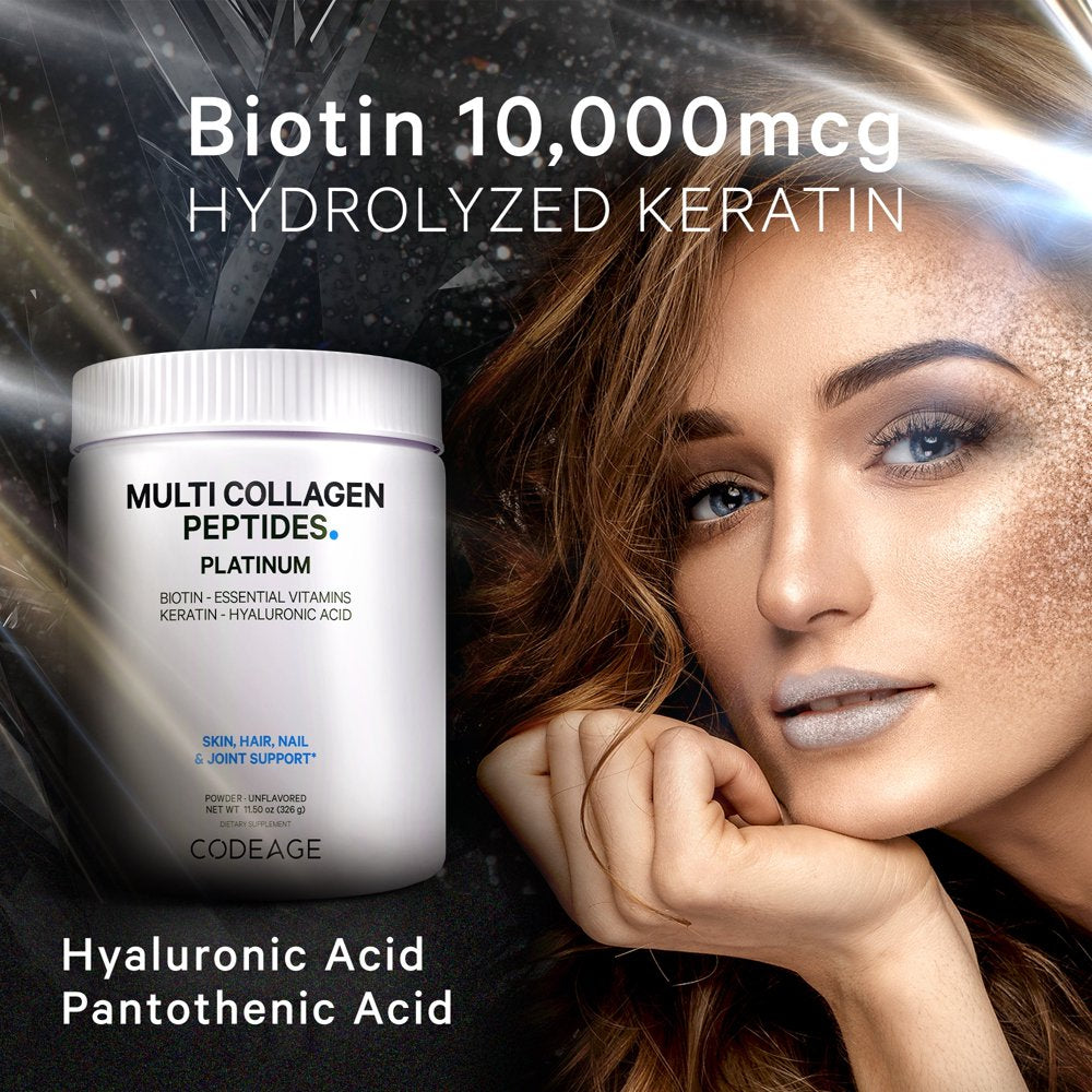 Codeage Multi Collagen Protein Powder Platinum, Biotin, Vitamin C, B, D3, Keratin, Hyaluronic Acid, 11.50 Oz