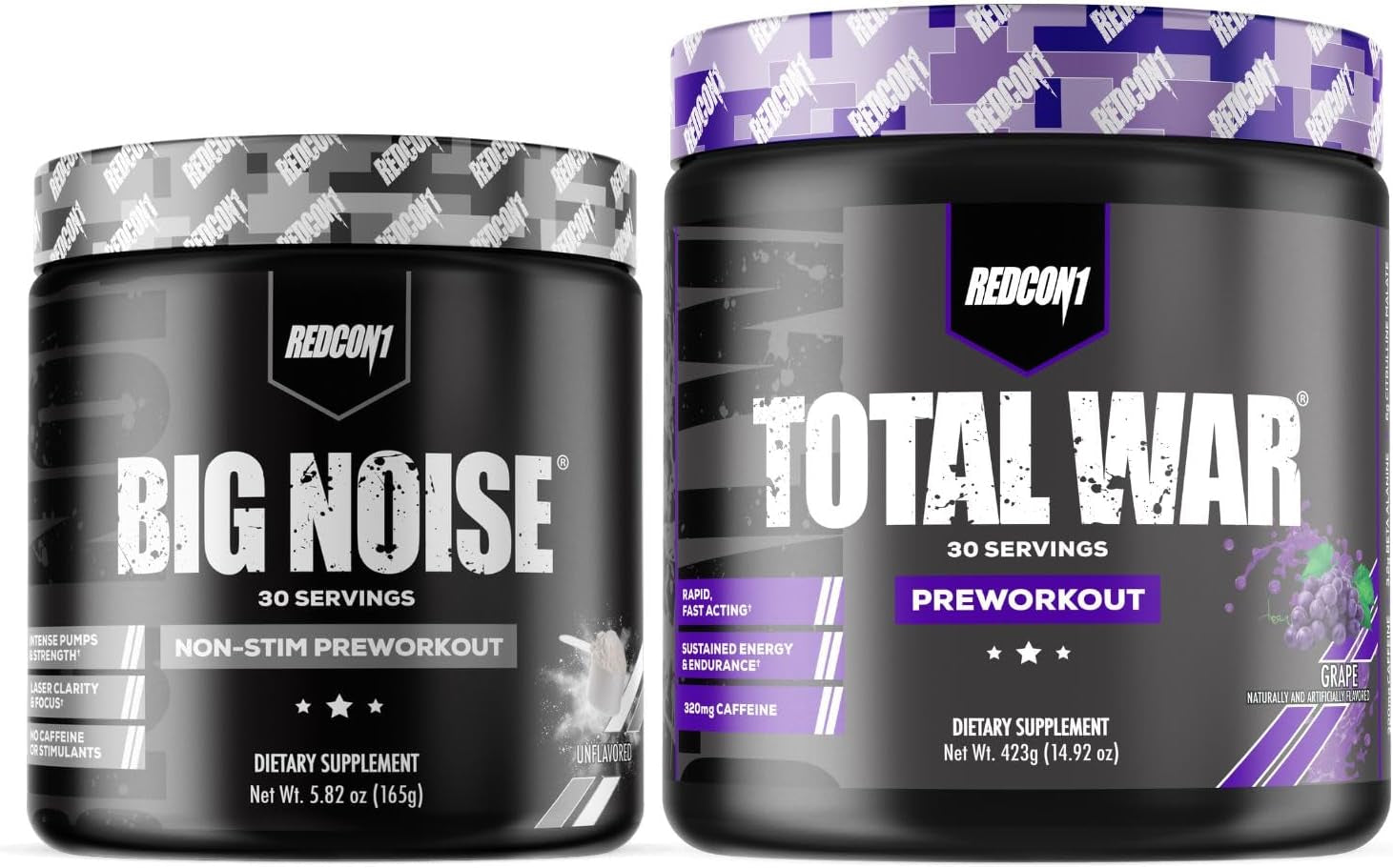 REDCON1 Total War Preworkout (Grape) & Big Noise Non-Stim Preworkout Powder (Unflavored) Stack - Pre Workout Duo for Energy, Focus & Endurance - Keto (2 Products, 30 Servings Each)