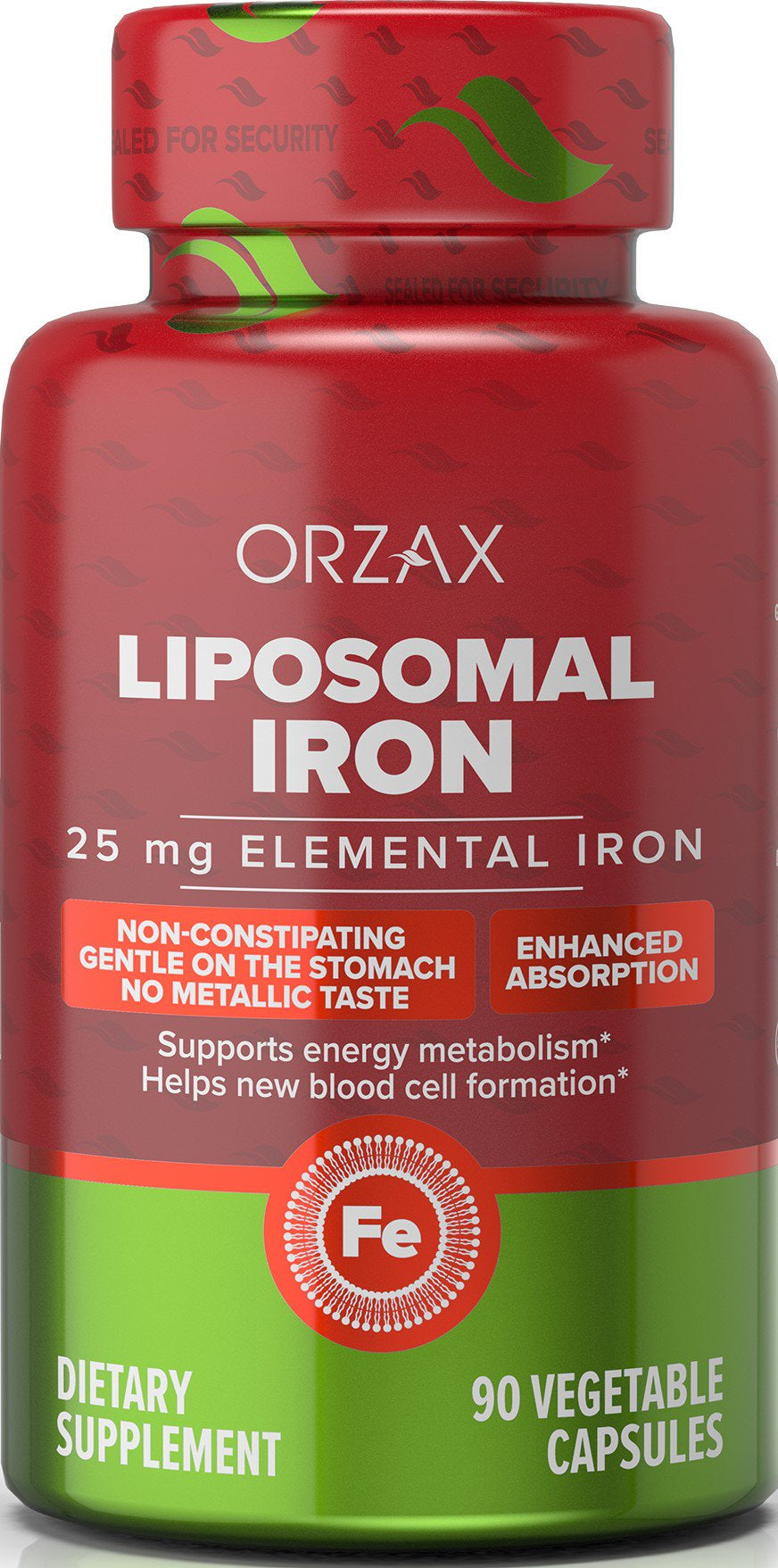 ORZAX Iron Supplement, High Absorption, 25 Mg Elemental Iron, 90 Vegetable Capsules