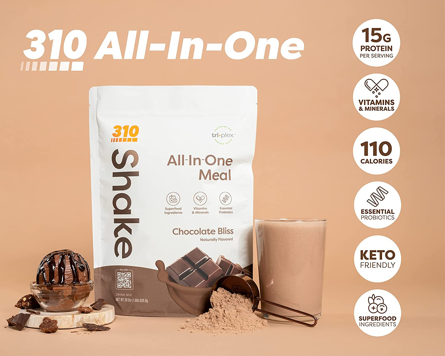 310 Nutrition – All-In-One Meal Replacement Shake - New Formula with Fiber Rich Vegan Superfood Blend - Natural Sweeteners - Low Carb Shake, Keto & Paleo Friendly - Gluten Free - 26 Essential Vitamins