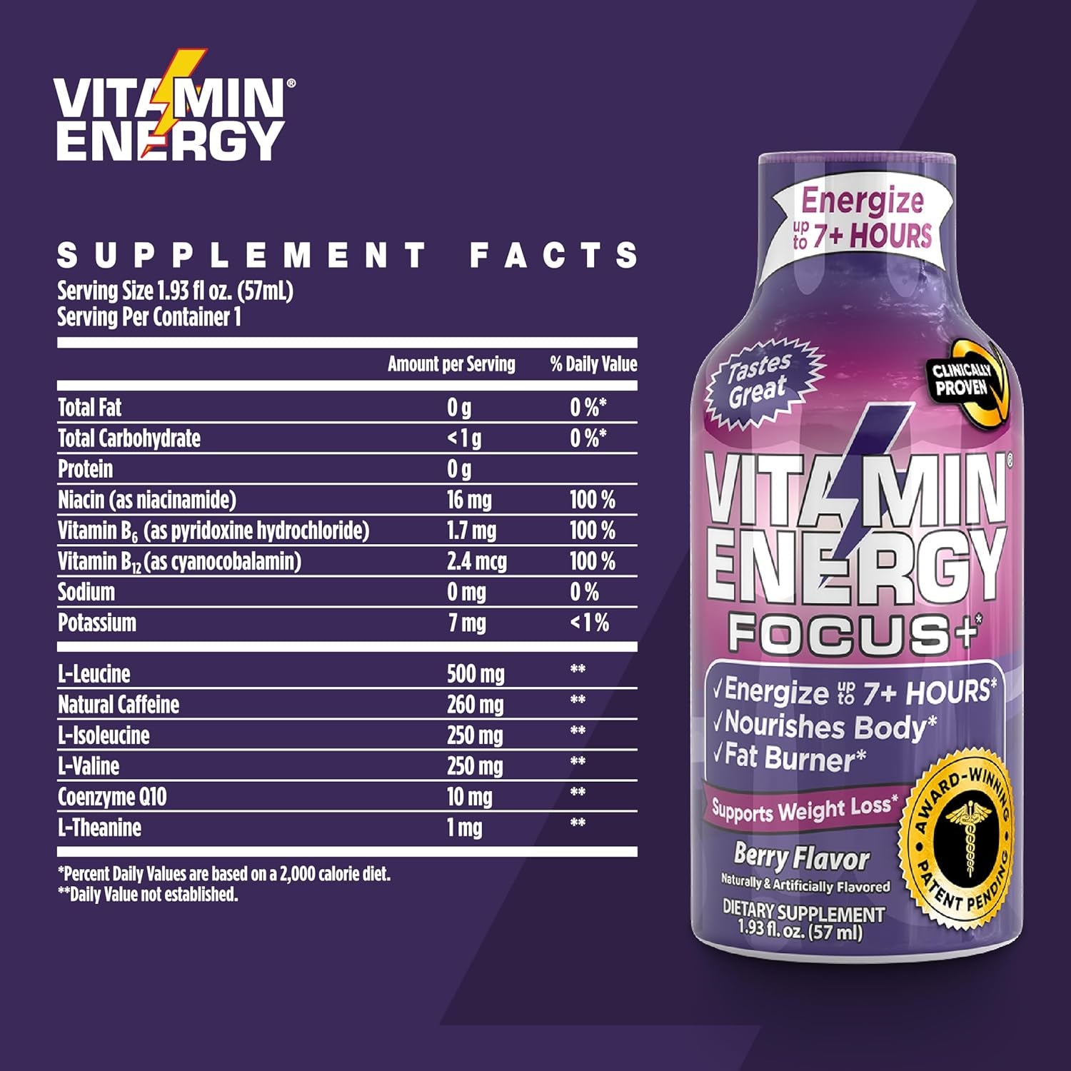 Vitamin Energy Focus+ Energy Drink Shot, up to 7+ Hours of Energy, Berry, 1.93Oz, 12 Count