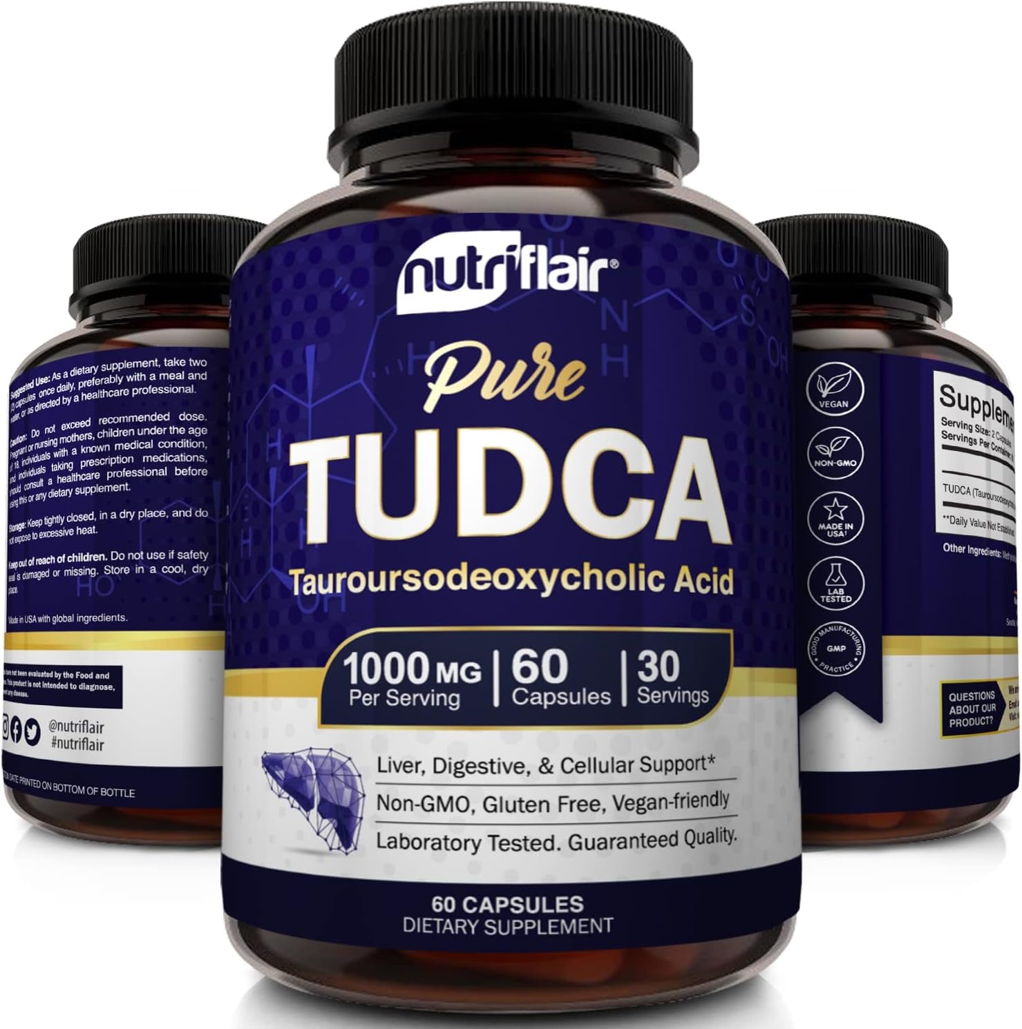 Nutriflair Pure TUDCA 1000Mg - Premium Tauroursodeoxycholic Acid Bile Salts, Detox & Cleanse, Non-Gmo, Gluten-Free. Liver, Kidney & Gallbladder Support- Made in USA, 60 Capsules