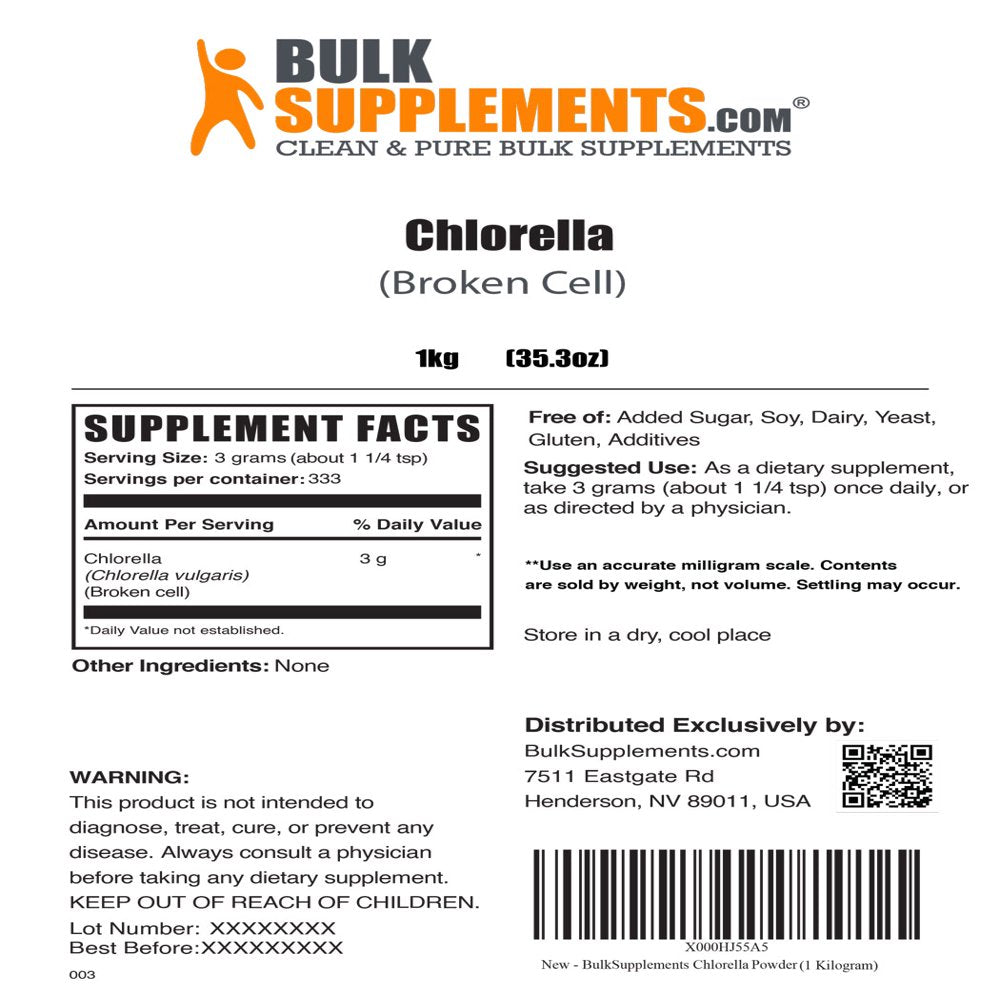 Bulksupplements.Com Chlorella Powder, 3G - Brain, Immune, & Liver Support (100G - 33 Servings)