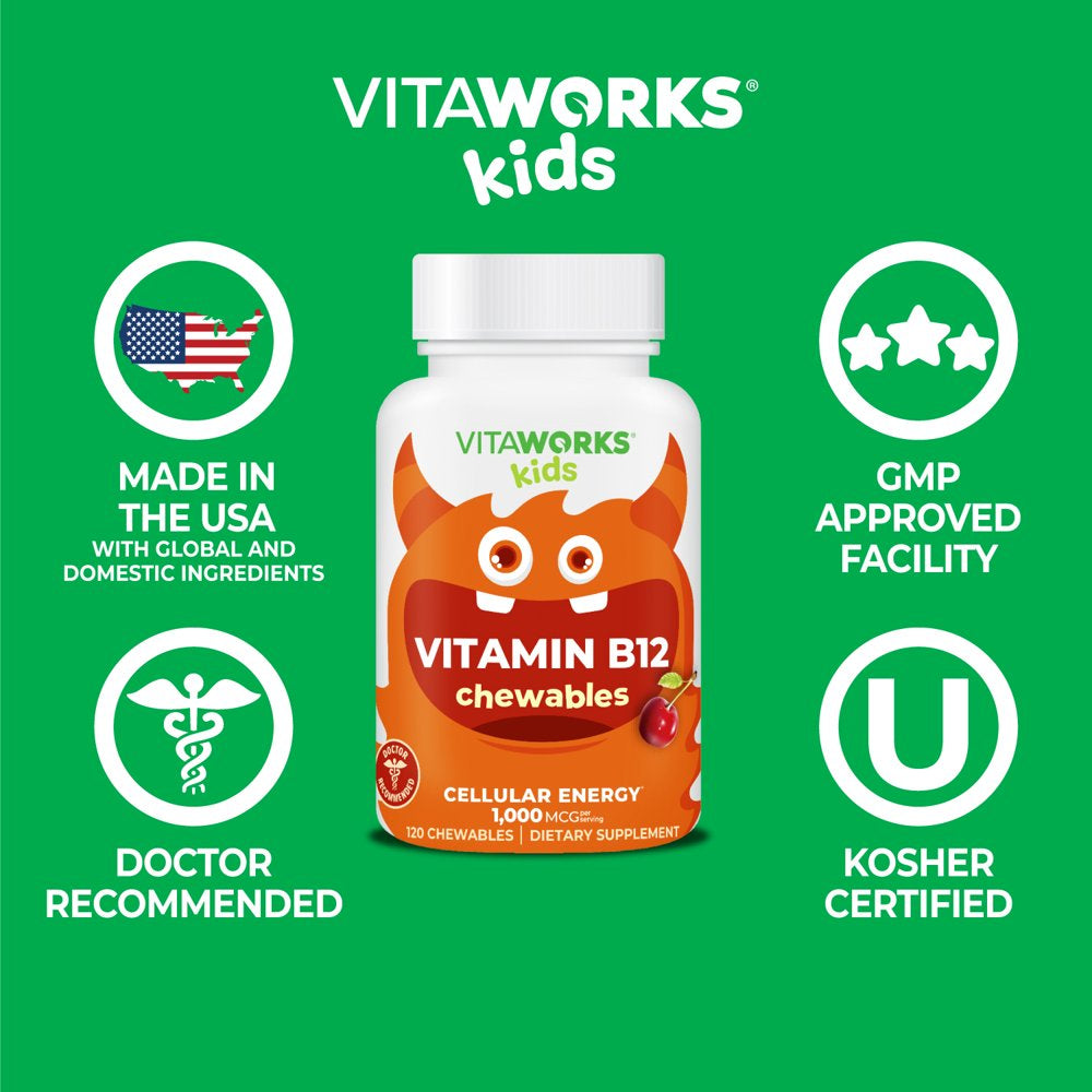 Vitaworks Kids Vitamin B12 1000 Mcg, Dietary Supplement, Cellular Energy Vitamins, 120 Chewables