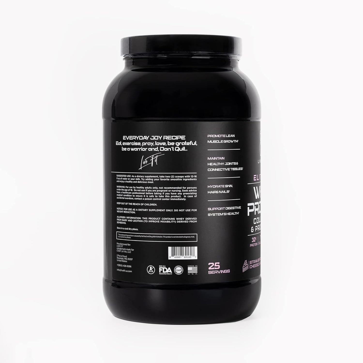 LIVE FIT Whey Protein Isolate Powder,32G of Protein, Collagen, Probiotics, Strawberry Cheesecake,100% Grassfed Whey Protein, Keto Friendly, Sugar-Free, Great for Post-Workout,1.5G Net Carbs