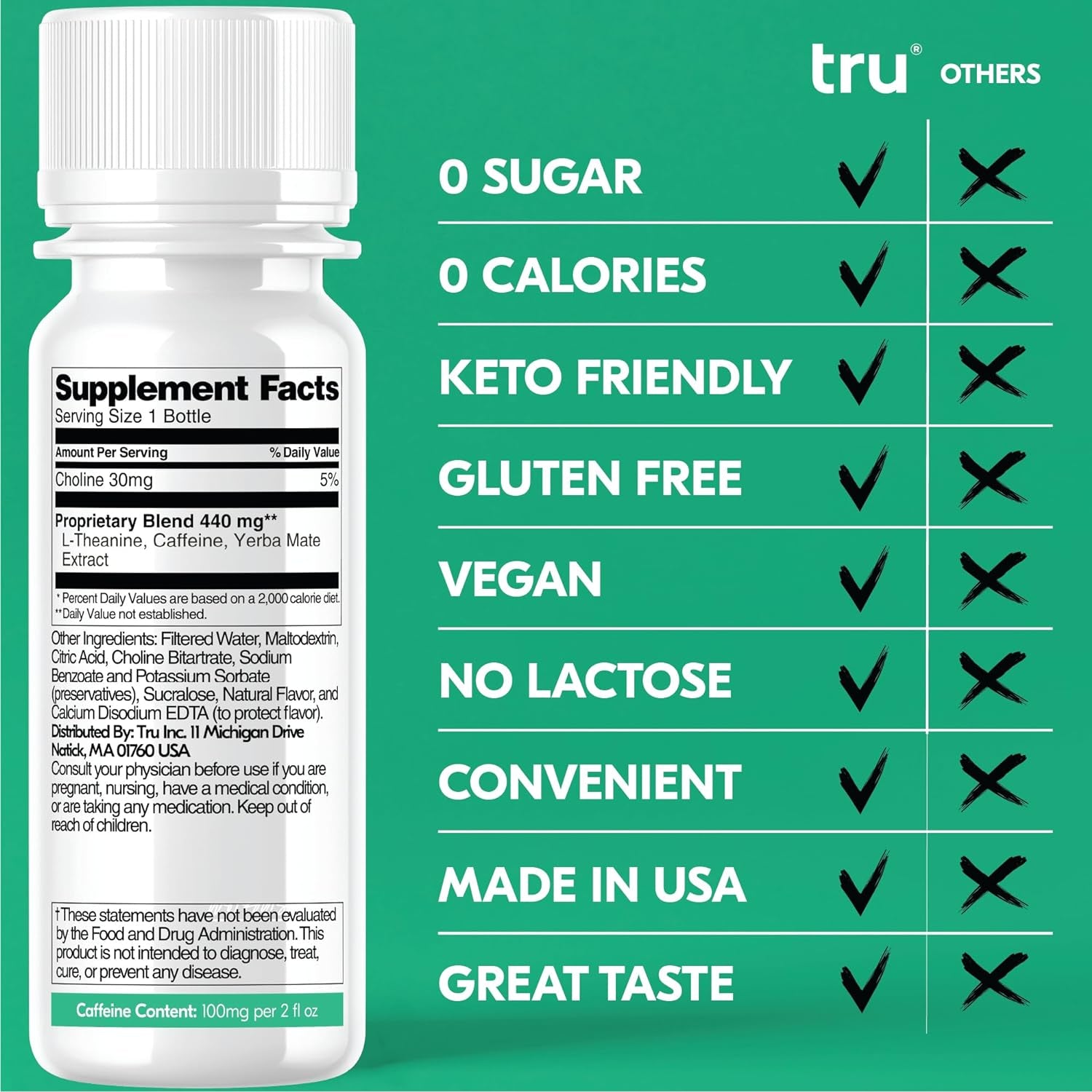 Tru Focus Shot, Apple Kiwi Flavored Extra Strength Energy Shots - Zero Sugar Nootropic Drink plus Adaptogens, Choline, and Yerba Mate - Natural Caffeine, GF, Keto, Vegan Supplement, 2Oz (Pack of 24)