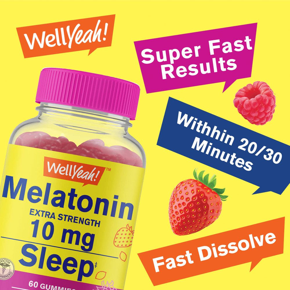 Wellyeah Melatonin 10Mg Gummies - 2 Month Supply - Natural Berry Flavor, Drug-Free Gummy Supplement - Gluten and Gelatin Free, Vegetarian - 60 Gummies