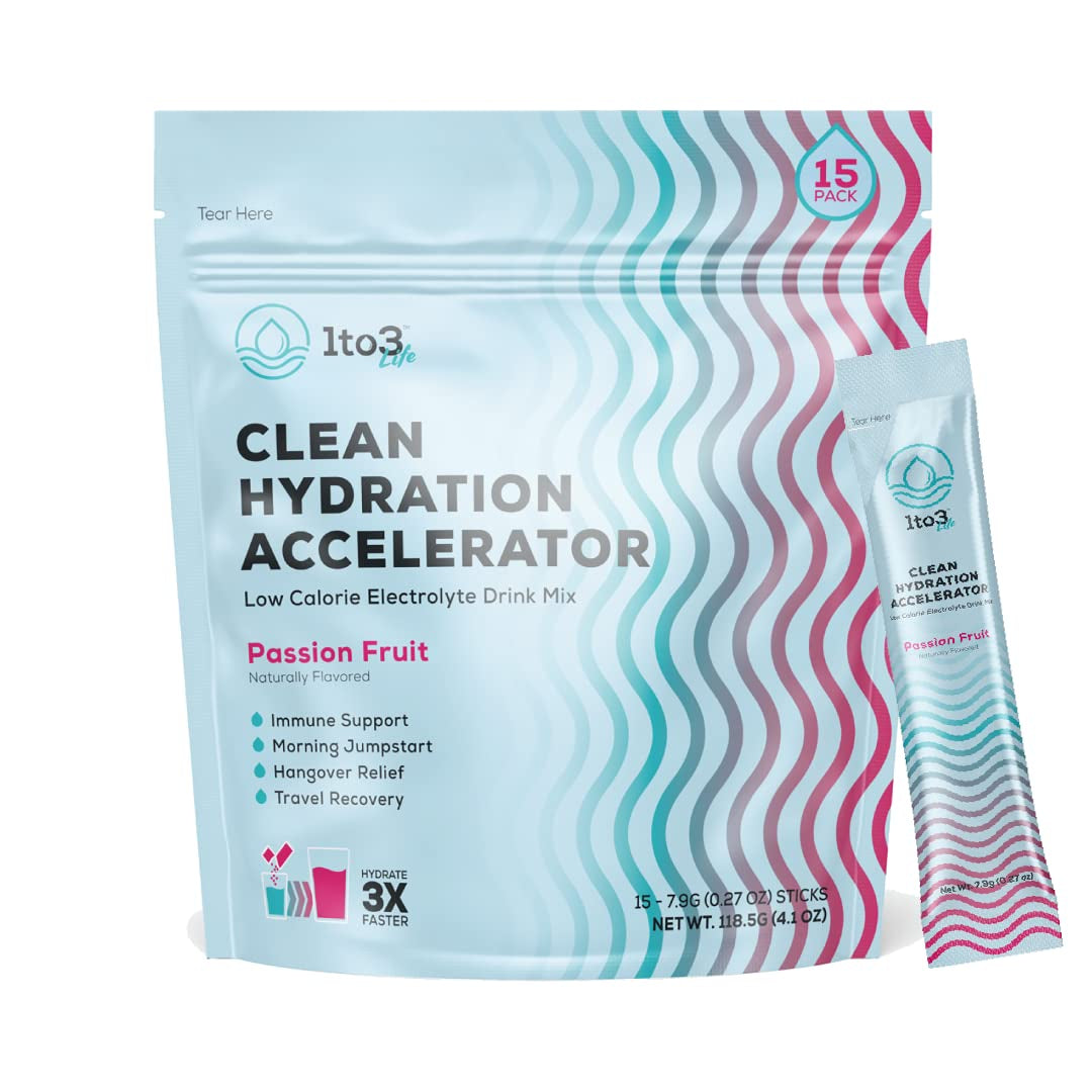 1TO3 LIFE | Clean Hydration Accelerator | Low Sugar, Low Calorie, Immune Support | Hydration Multiplier | Electrolyte Drink Mix | Vegan & Non-Gmo | 15 Sticks (Passion Fruit)