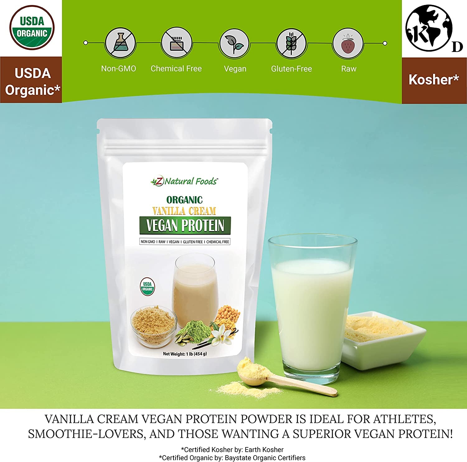 Z Natural Foods Organic Vanilla Cream Vegan Protein Powder, Vanilla Flavored Vegan Protein Supplement, All Natural, Vegan, Non-Gmo, 1 Lbs