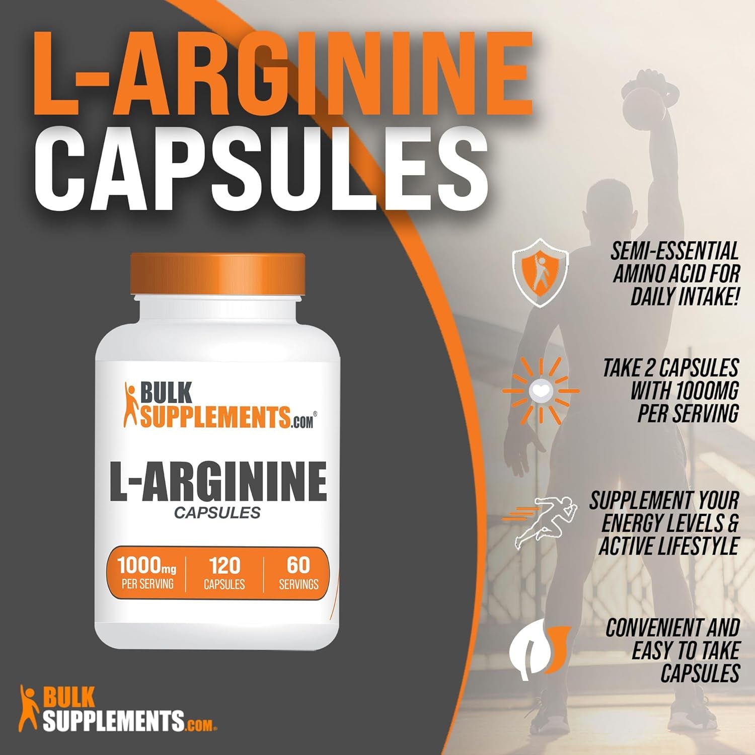 Bulksupplements.Com L-Arginine 1000Mg Capsules - Arginine Supplement, Nitric Oxide Supplement, L Arginine Capsules - Nitric Oxide Pills, Gluten Free - 2 Capsules per Serving, 120 Capsules