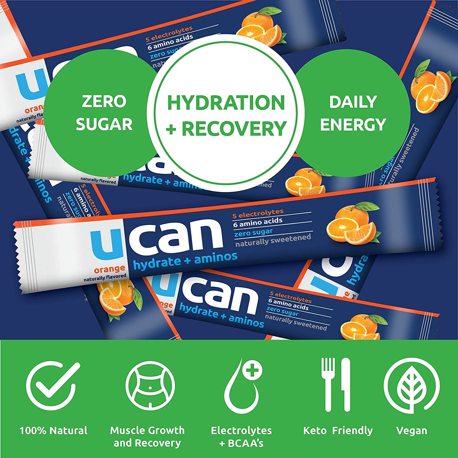 UCAN Hydrate + Aminos Packets, Orange, 10 Count, Keto, Sugar-Free Electrolyte + Muscle Recovery, Essential Electrolytes + Eaas & Bcaas, Non-Gmo, Vegan, for Runners, Gym-Goers, Performance Athletes