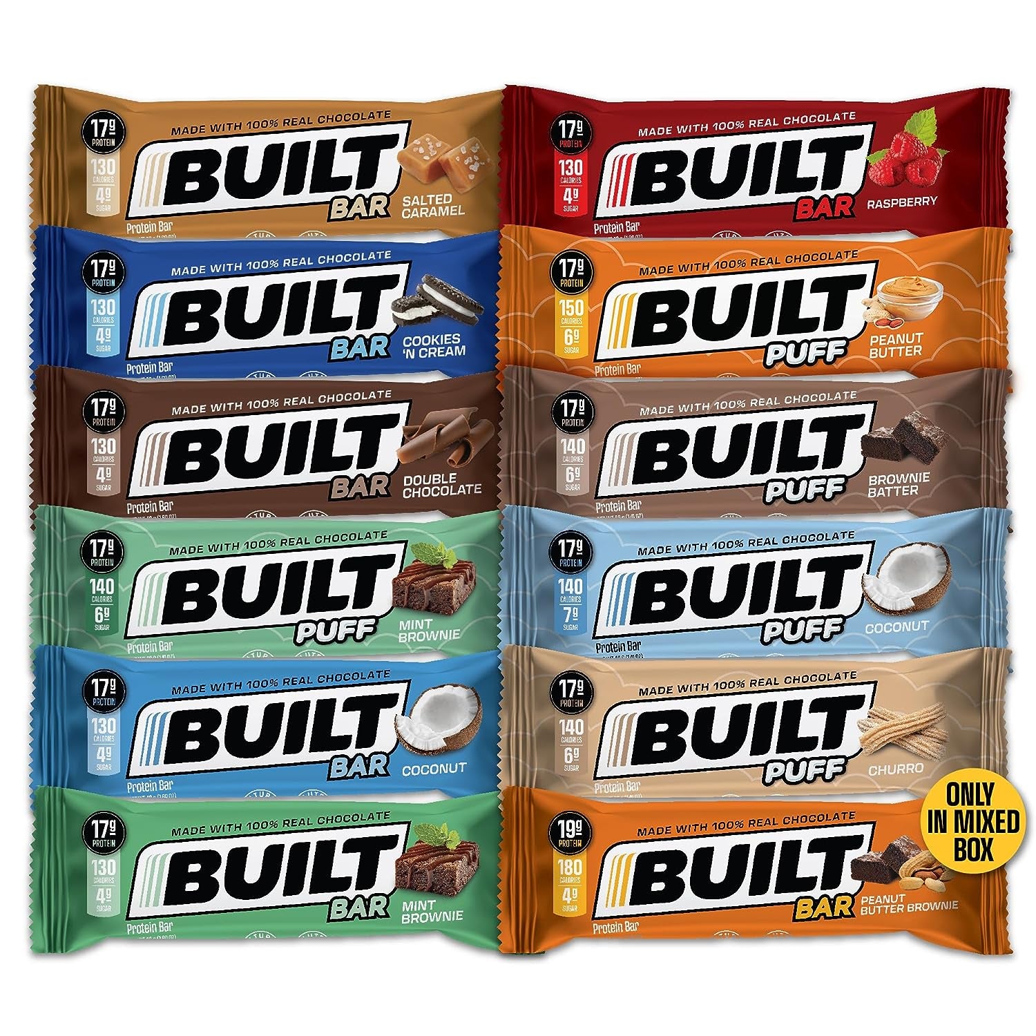 BUILT Protein Bars, Variety Pack, 12 Count, Protein Snacks with 17G of High Protein, Collagen, Chocolate Protein Bar, Only 4-6G in Sugars, Perfect Breakfast Bar, on the Go Protein Snack, Post Workout