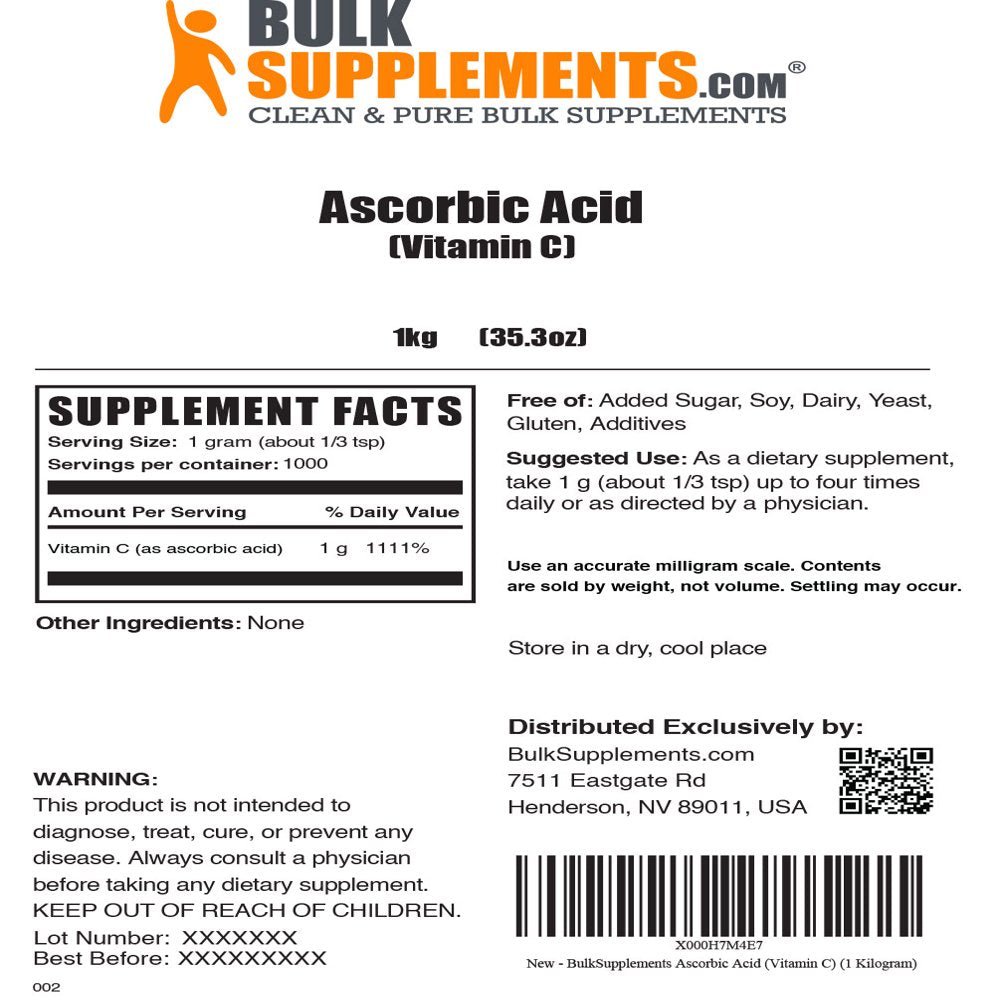 Bulksupplements.Com Ascorbic Acid Powder, 1G (1Kg - 100 Servings)