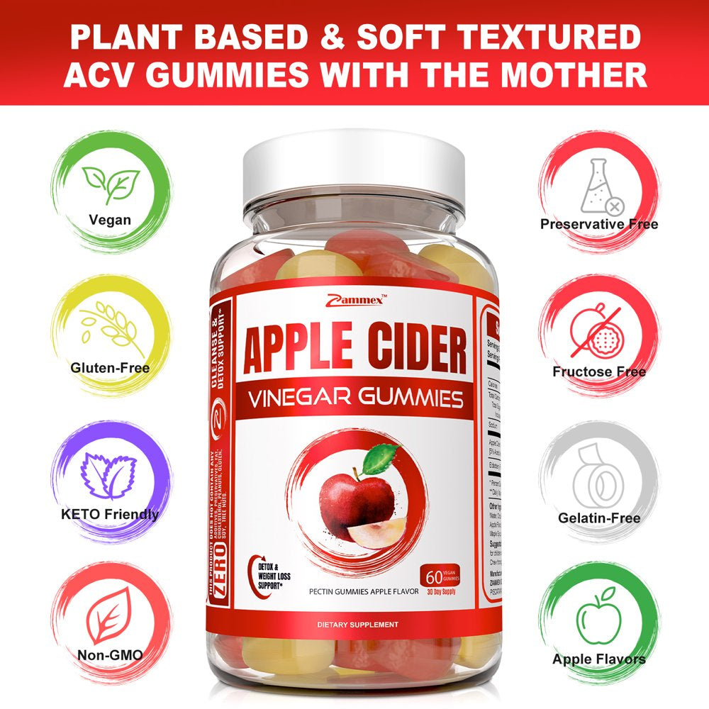 Zammex Organic Apple Cider Vinegar Gummies 500Mg, Stomach Fat Burner, 60 Count Keto Gummies