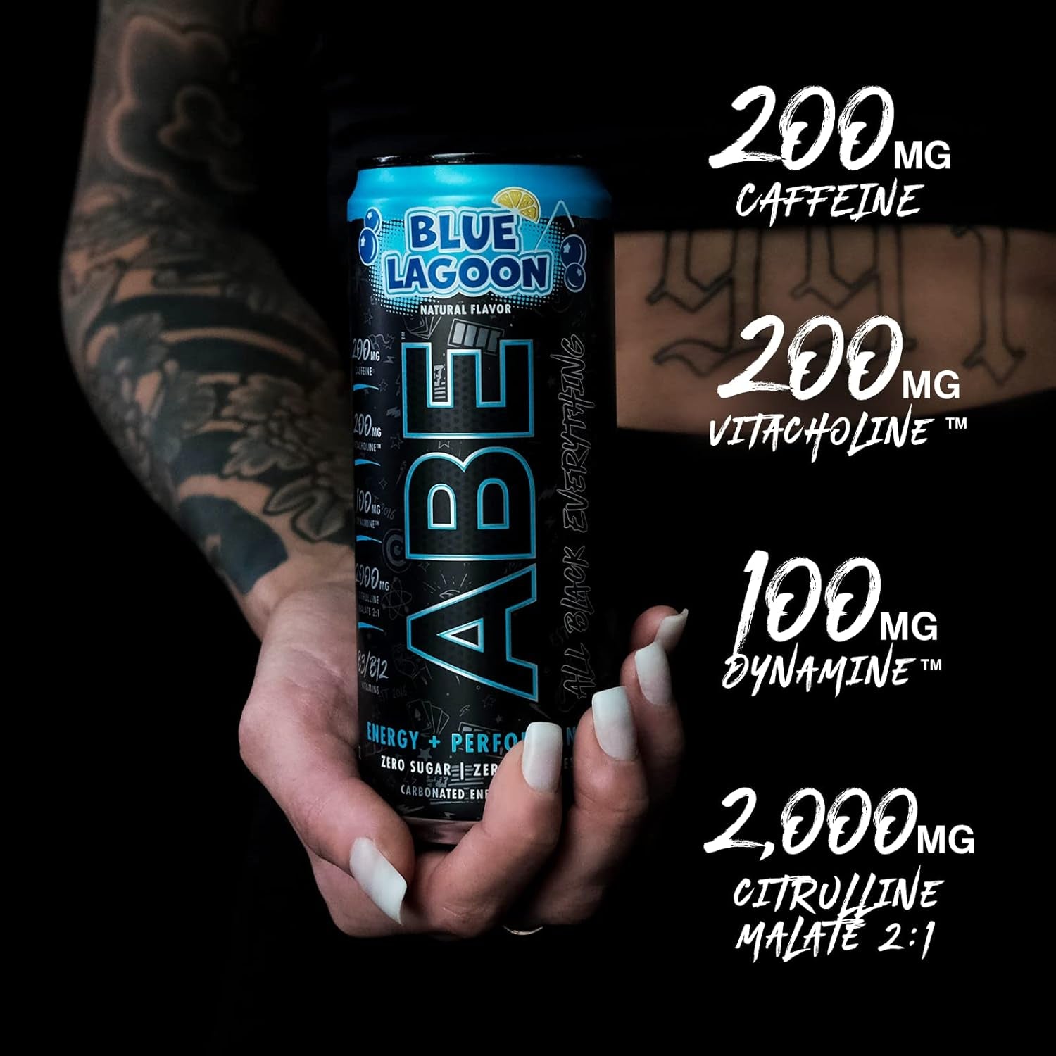 ABE Energy + Performance Sugar Free Energy Drink - All Black Everything Drink with Caffeine, Vitacholine, Dynamine, Citrulline Malate (11Oz Can - Pack of 12) (Blue Lagoon)