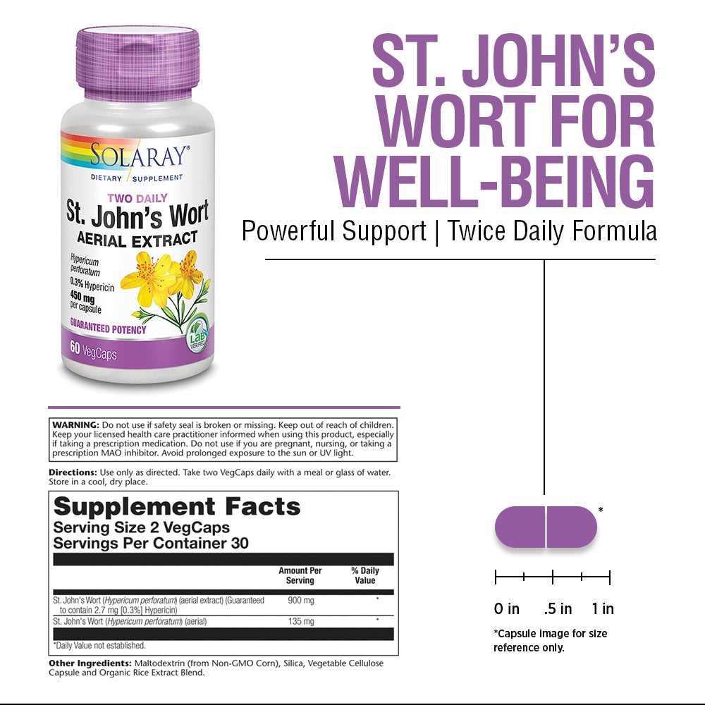 Solaray St. Johns Wort Aerial Extract 450Mg Two Daily | Mood & Brain Health Support | 0.3% Hypericin | 60Ct, 30 Serv.