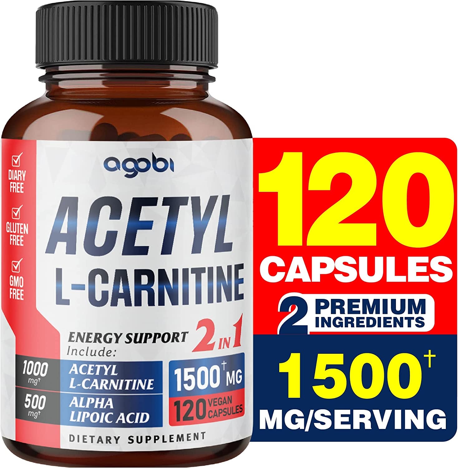 Agobi Acetyl L-Carnitine & Alpha Lipoic Acid Complex 1500Mg - Supplement for Brain Health, Memory, Focus & Mood Support - 120 Vegan Capsules for 2 Month Supply - Gluten-Free, Non-Gmo