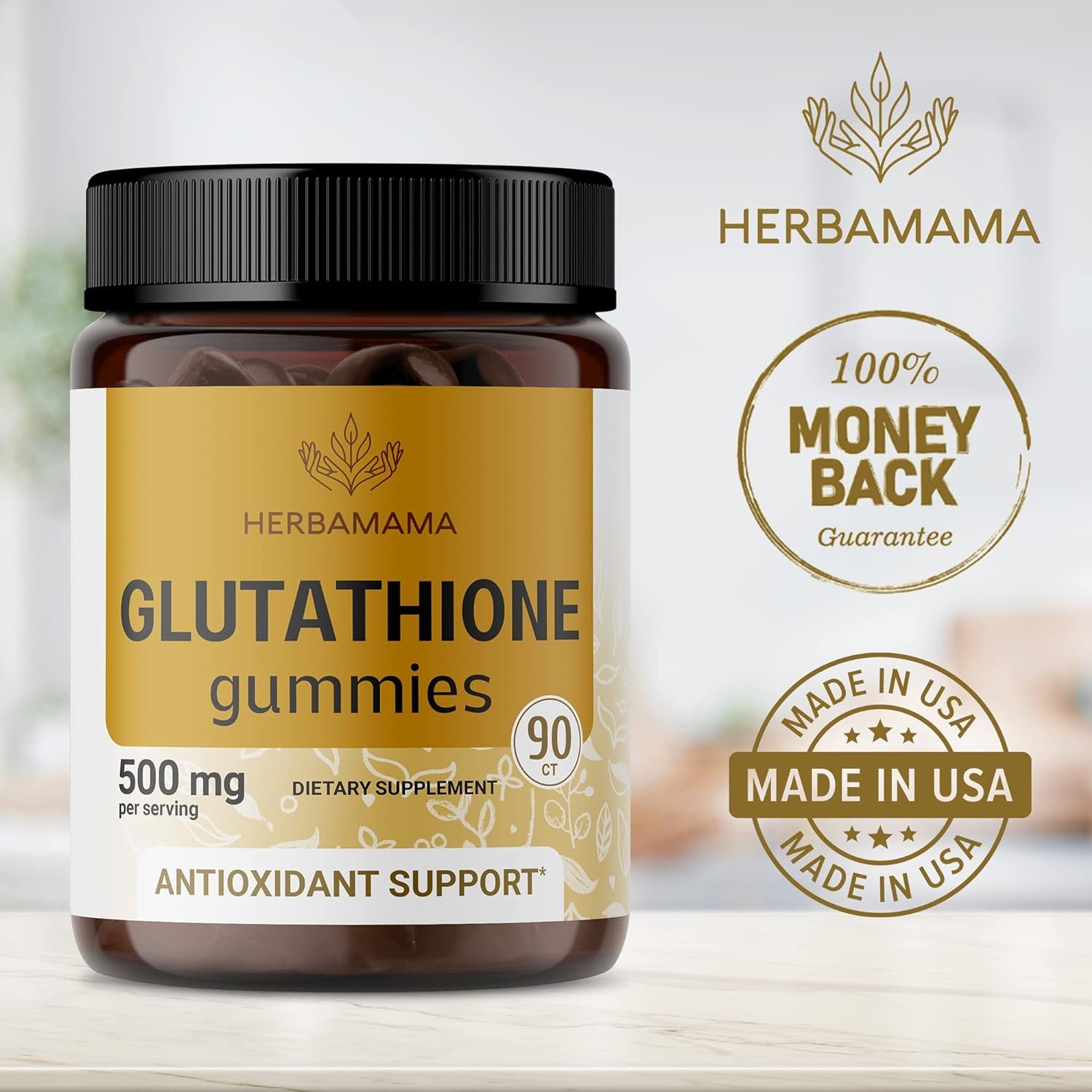 HERBAMAMA Reduced Glutathione Gummies -Antioxidant Supplement Support for Skincare & Liver Cleansing Gummy - Non-Gmo, Gluten-Free 500Mg - Banana Flavor 90 Chews per Bottle