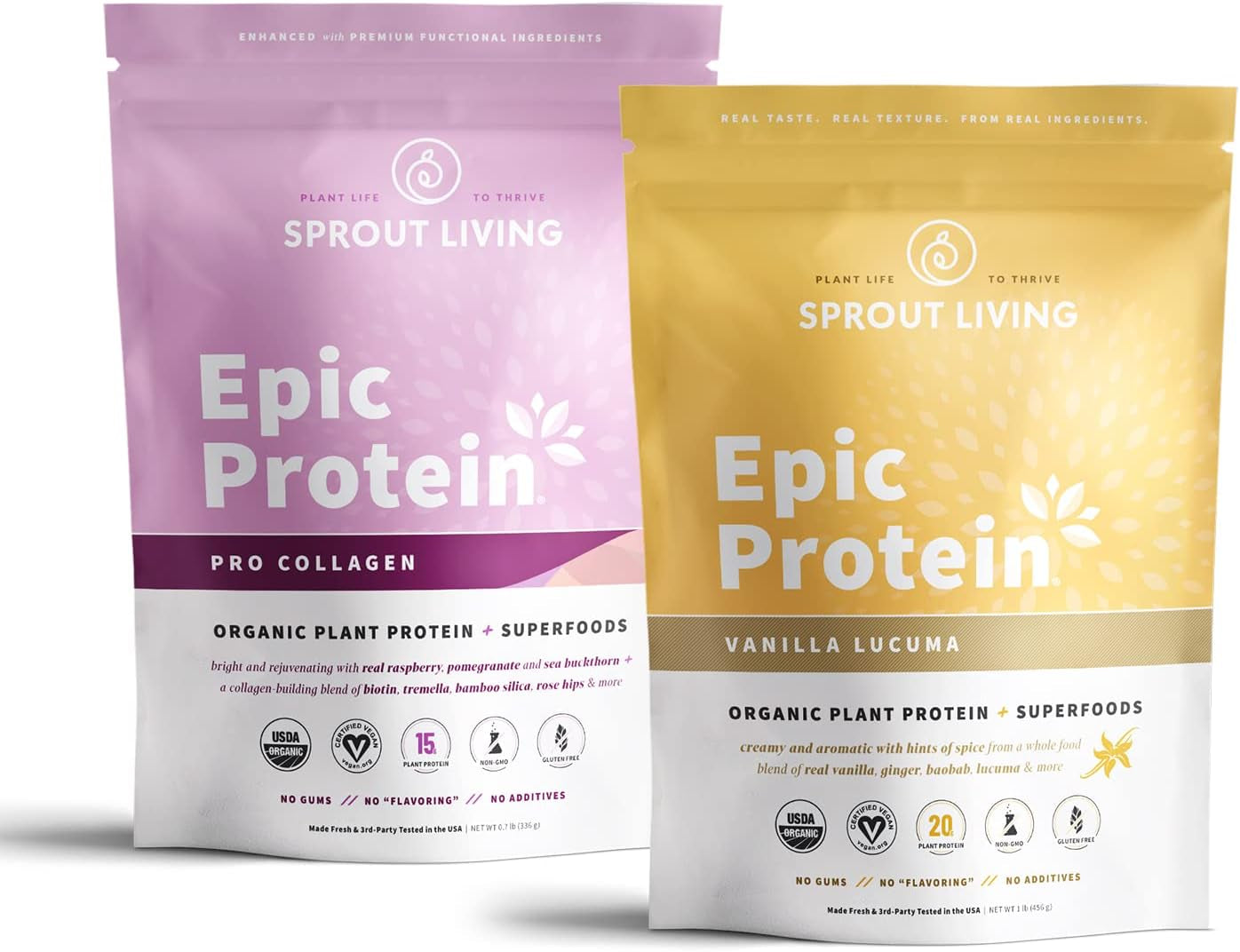 Sprout Living Epic Protein Bundle - Vanilla Lucuma & Pro Collagen (20G Organic Plant-Based Protein Powder, Vegan, Gluten Free, Superfoods) | 1Lb, 12 Servings