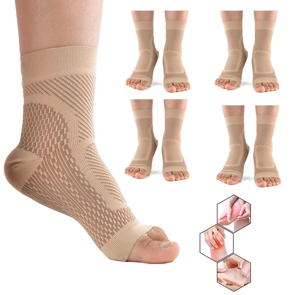 4 Pairs Neuropathy Socks Sports Ankle Brace, Plantar Fasciitis Compression Sleeves for Foot & Arch Support(Nude-L/Xl)