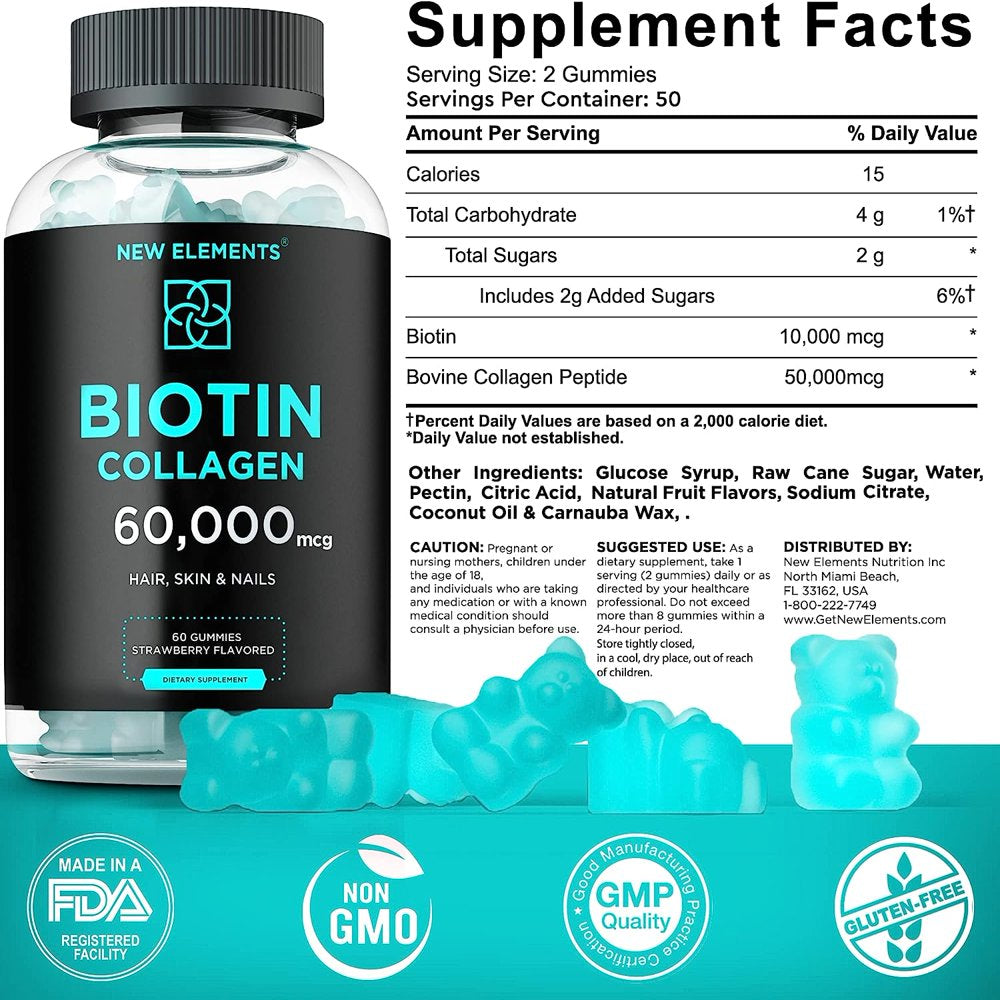 Biotin & Collagen Peptides Gummies - Collagen Peptides 50000Mcg Biotin 10000Mcg Chewable Vitamin B7 for Hair Skin and Nails, Hair Growth Supplement for Men & Women, Non-Gmo 60 Count (Pack of 1)