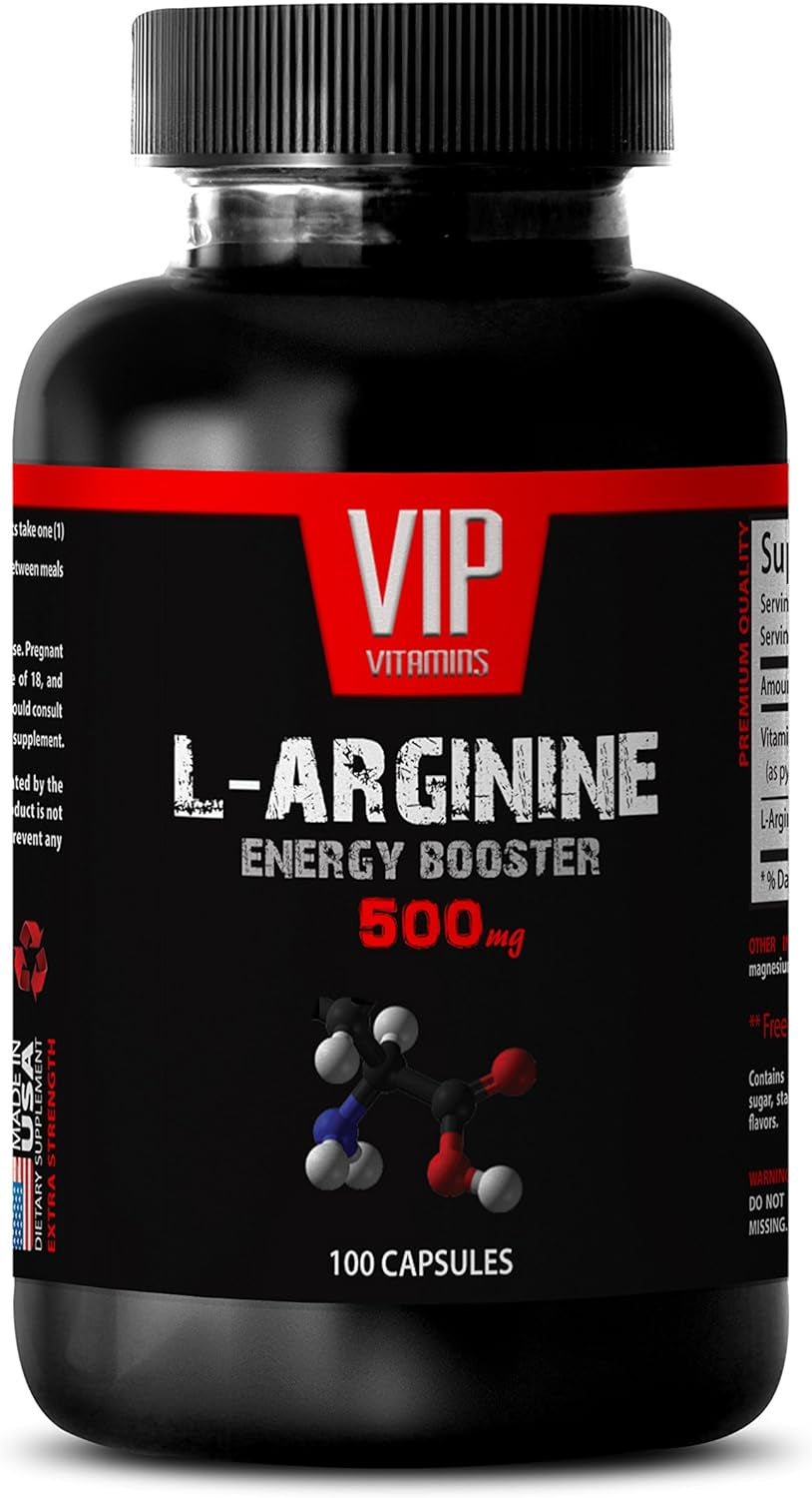 VIP VITAMINS Amino Acids Arginine - L-ARGININE Energy Booster 500 MG - Post Workout Supplement, 1 Bottle (100 Capsules)