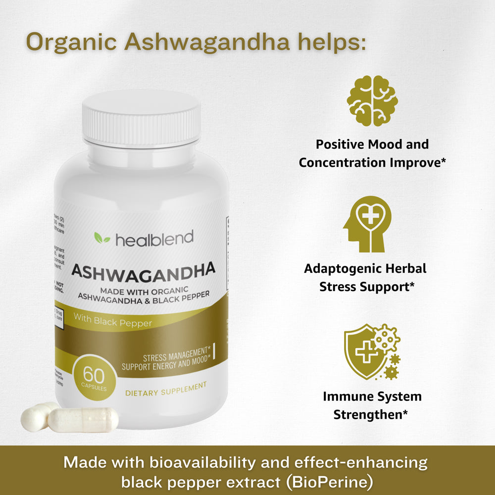 Healblend Organic Ashwagandha Supplement 1300Mg with Black Pepper Extract - Supports Stress Relief, Immune, Energy, Stamina & Mood, 100% Pure - 60 Capsules