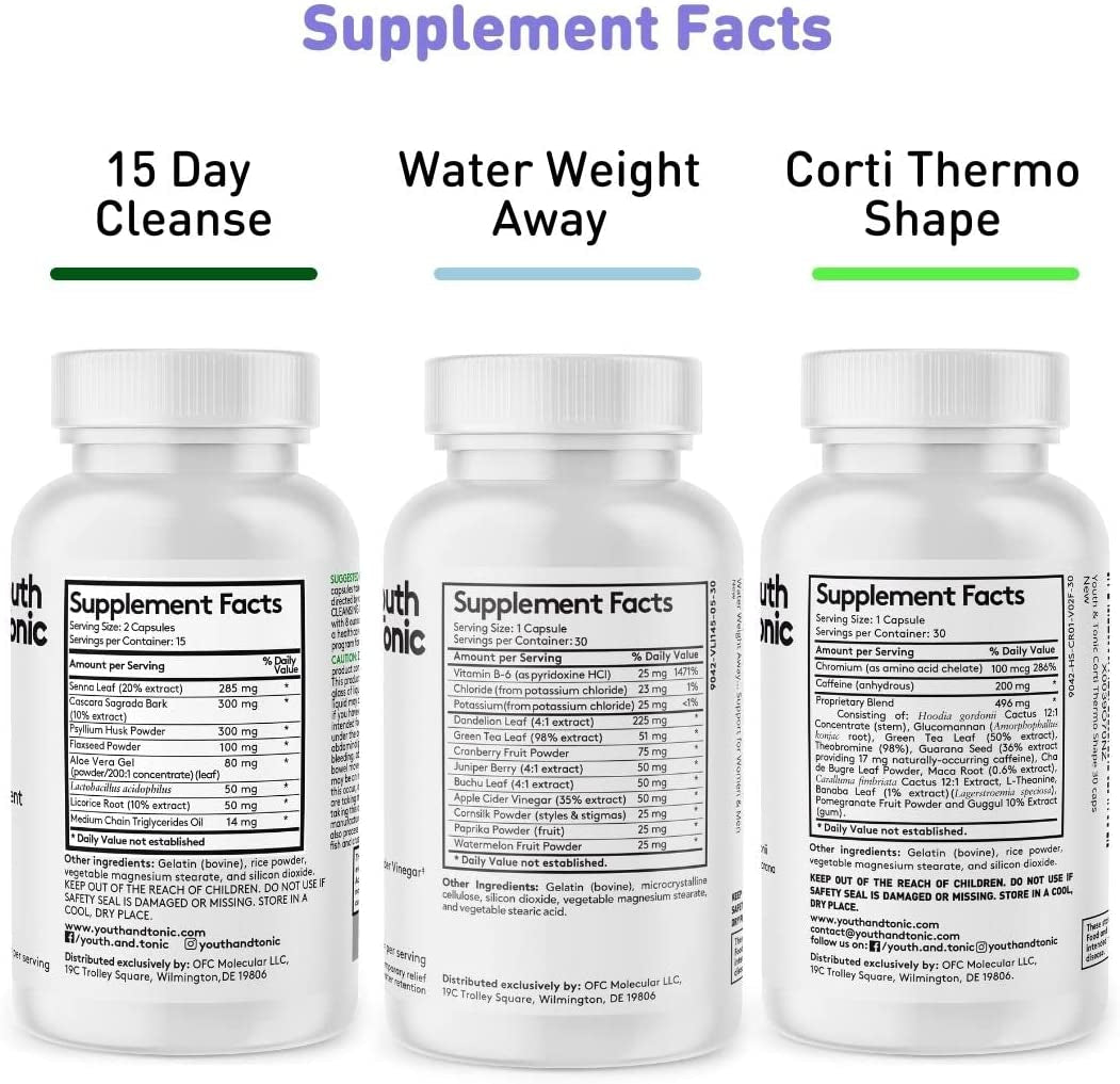 Youth & Tonic 15 Day Cleanse and Detox as Triple Action Diet Pills for Loss of Waste and Body Water Away and Energy Focus Metabolism for Women & Men