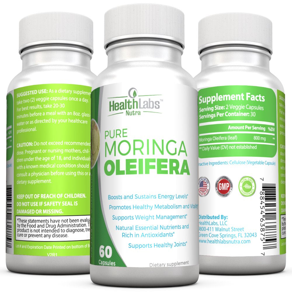 Health Labs Nutra Premium Moringa Oleifera Leaf 60 Veggie Caps, Complete Green Superfood Supplement - Pack of 3