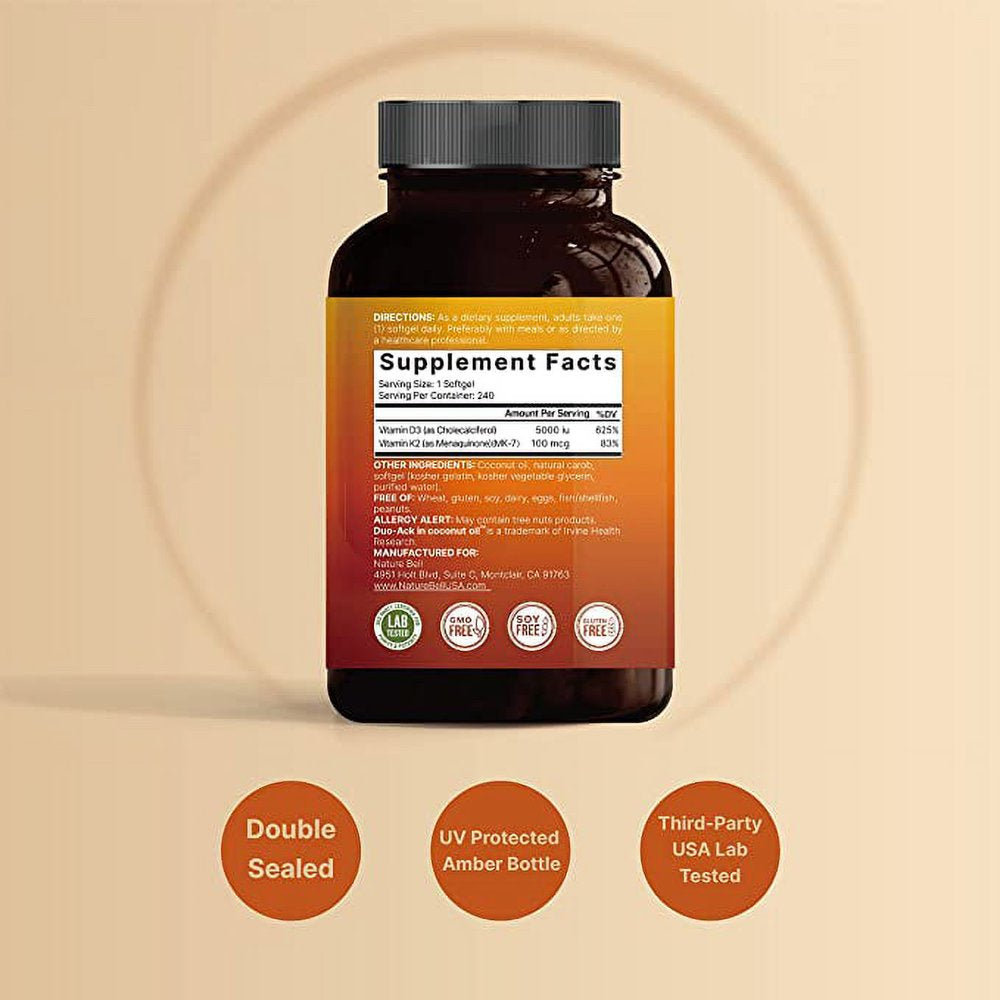 Naturebell Vitamin D3+K2, 5000 Iu+100Mcg K2, 240 Softgels, 2 in 1 Formula with Coconut Oil