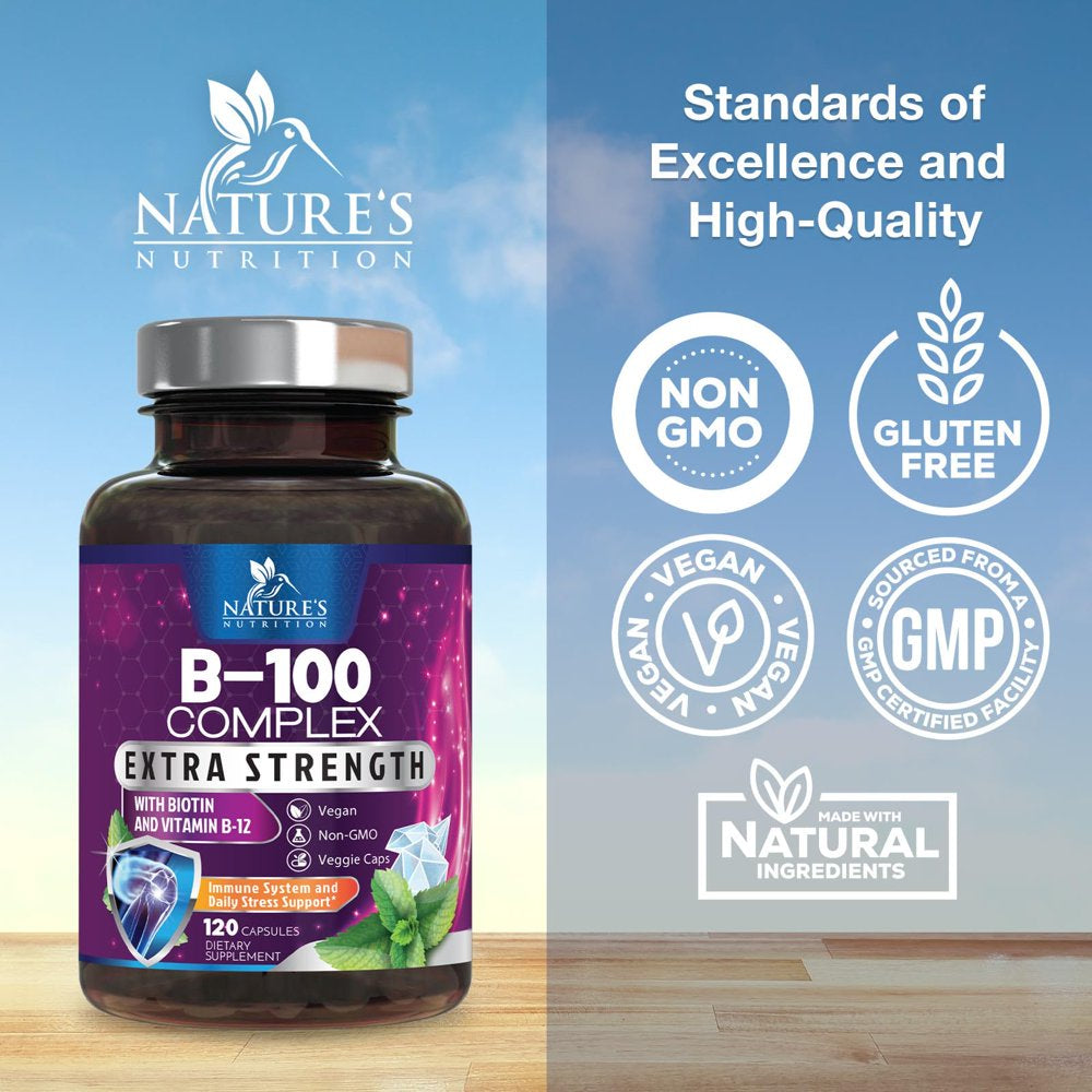 Vitamin B Complex with Vitamin C & Folic Acid - Dietary Supplement for Energy, Immune, & Brain Support - Nature'S Super B Vitamin Complex for Women and Men, Made with Folate - 120 Vegetarian Capsules