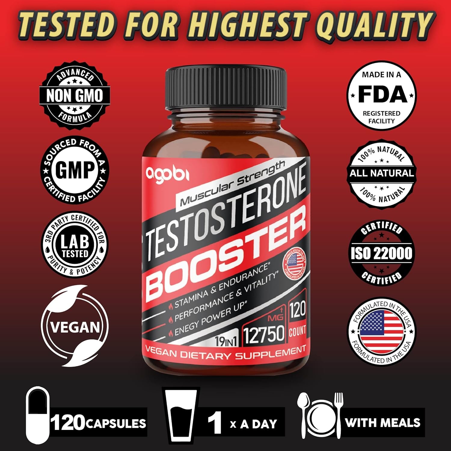 120 Capsules Strength Booster for Men with Horny Goat Weed, Saw Palmetto, Tongkat Ali, Ashwagandha & More - Super Extract Blend Equivalent 12750Mg - Stamina, Endurance & Muscle Support