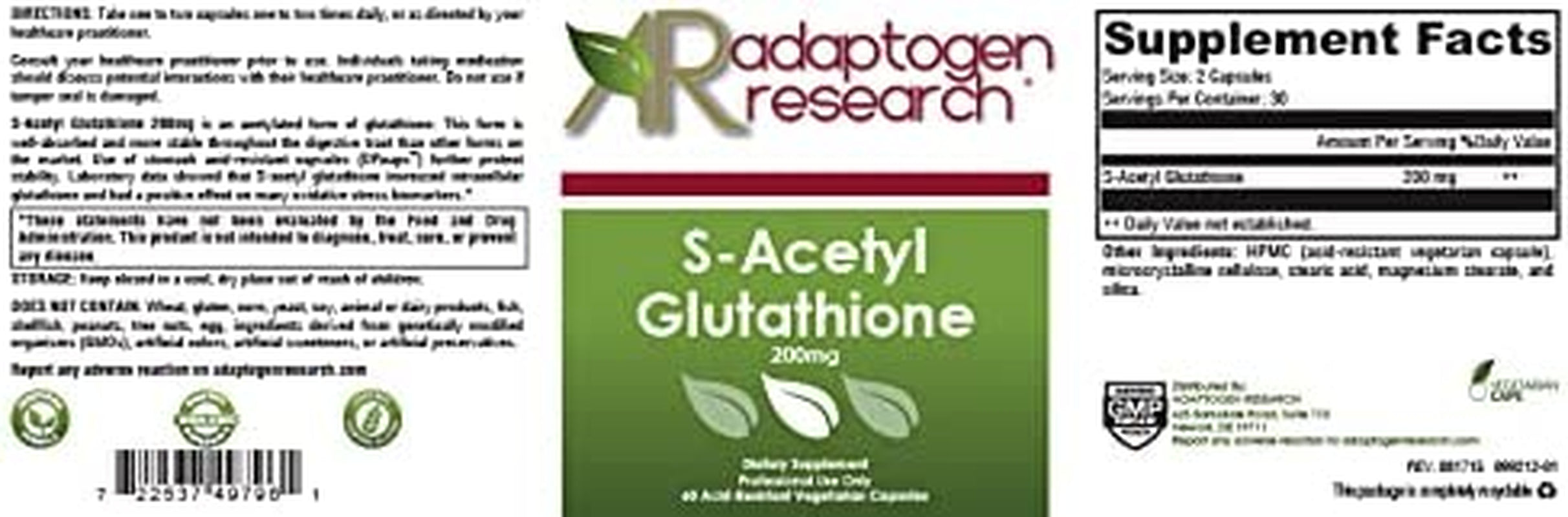 Adaptogen Research S-Acetyl Glutathione - 200Mg | 60 Acid Resistant Vegetarian Capsules