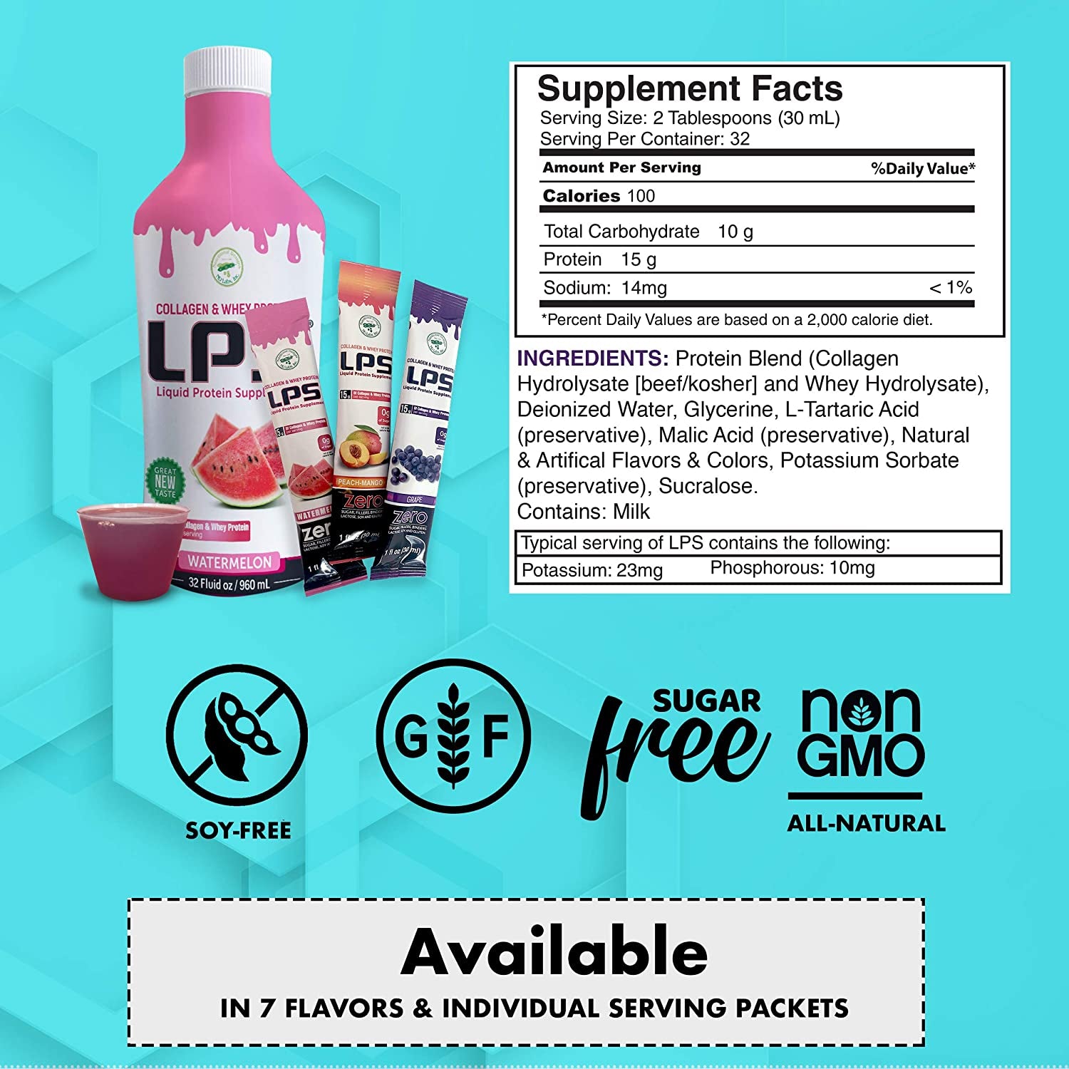 Nutritional Designs LPS Liquid Collagen & Whey Protein Supplement - Non-Gmo Drink, Sugar-Free - Promotes Healthy Skin & Hair for Men & Women, Single Serve (Cherry, 25 Packets)