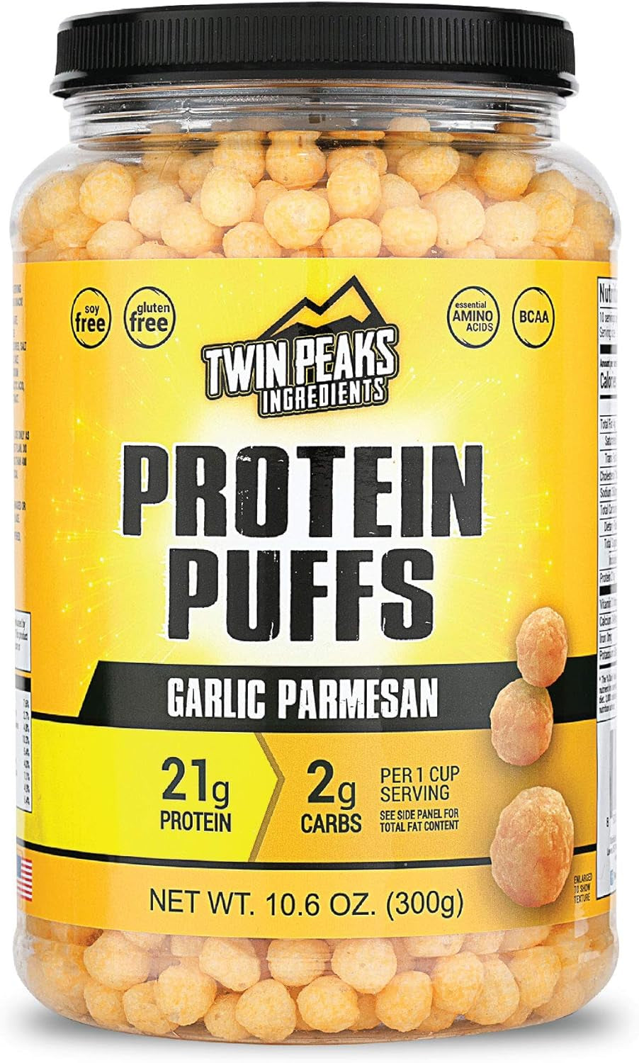 Twin Peaks Low Carb, Keto Friendly Protein Puffs, 1 Jug Garlic Parmesan Flavor Puffs + 1 Jug Nacho Cheese Flavor Puffs