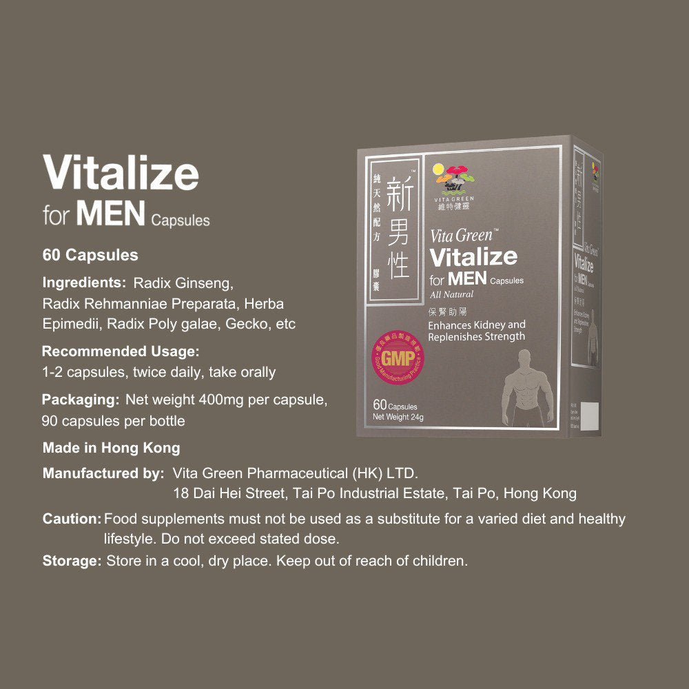 Vita Green Vitalize for Men Testosterone Muscle Booster Supplement, 60 Capsules