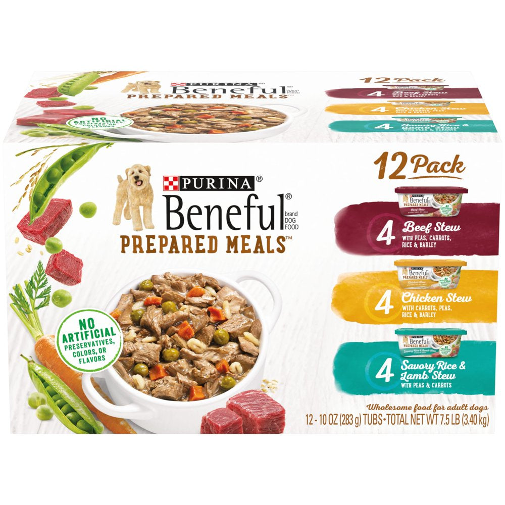 (12 Pack) Purina Beneful High Protein, Wet Dog Food with Gravy Variety Pack, Prepared Meals Stew, 10 Oz. Tubs